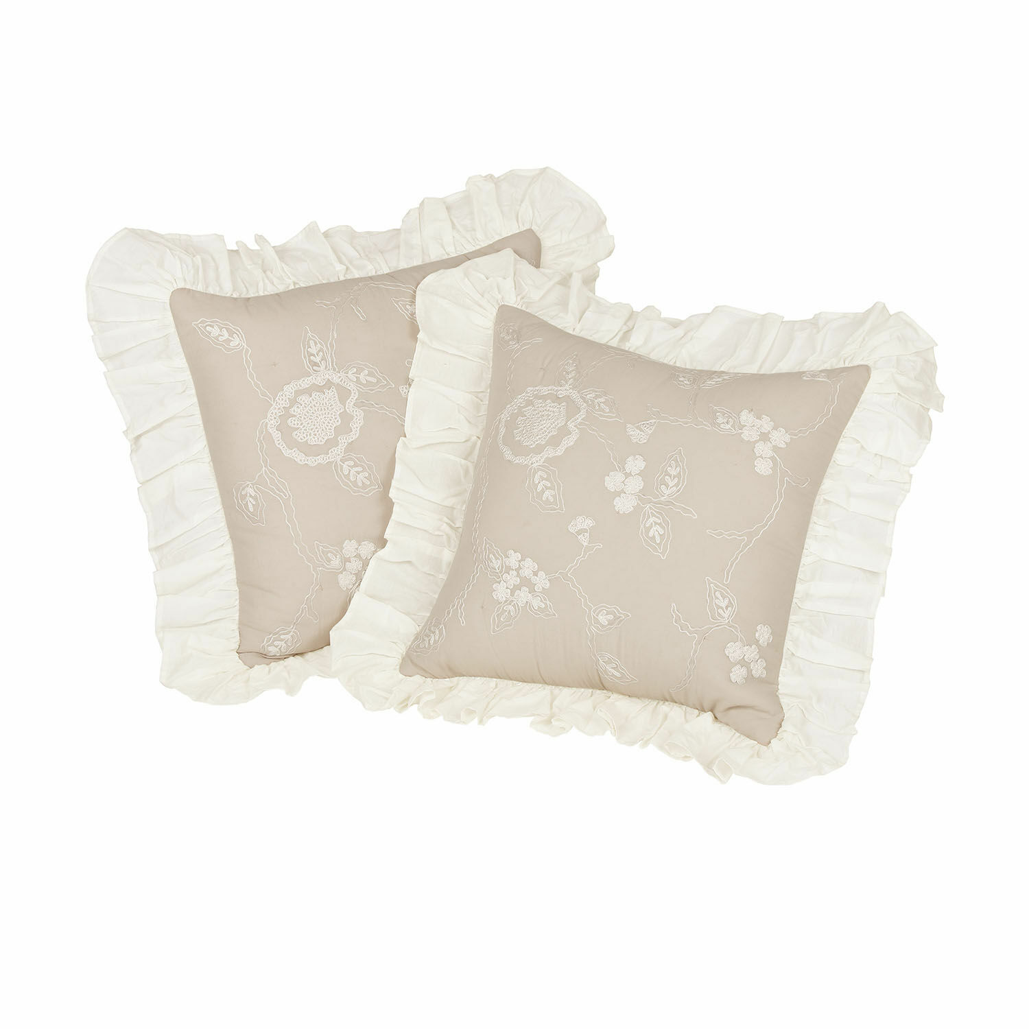 Set de 2 fundas de cojín Clarissa Cojín decorativo beige de algodón con bordado blanco y volante, estilo vintage elegante