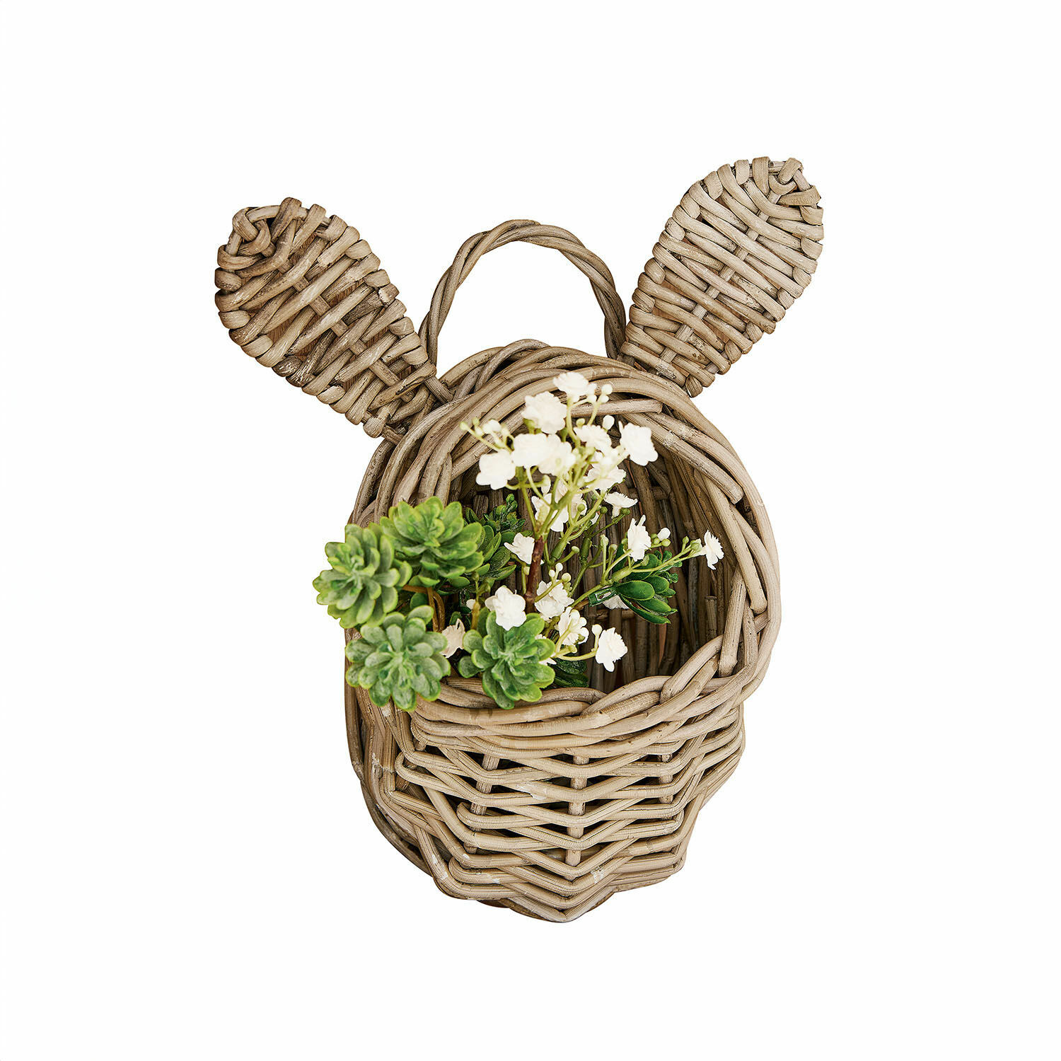 Cesta Frances Cesta de mimbre en forma de cabeza de animal con orejas, color natural, decorada con flores verdes y blancas