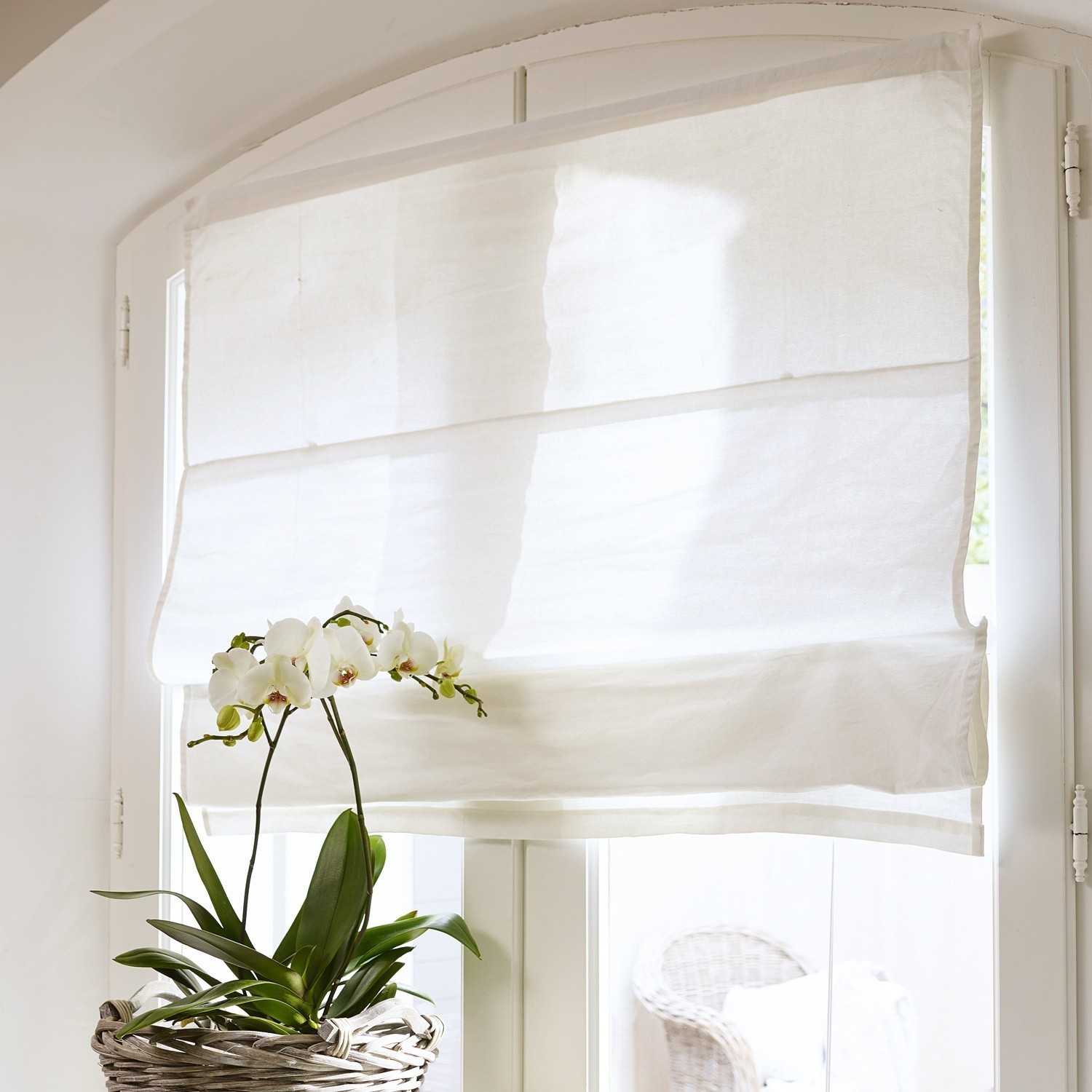 Estor plegable Fides Estor romano de lino blanco en ventana con orquídea blanca en cesta de mimbre