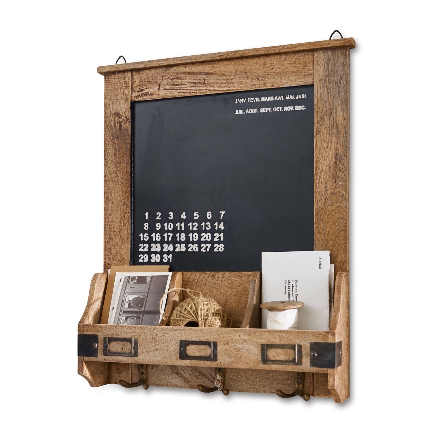 Organizador Taney Pizarra de madera con calendario, compartimentos para correo y ganchos para llaves de pared