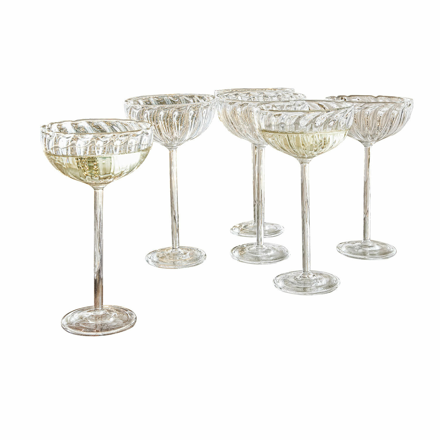 Set de 6 vasos Bavella Conjunto de seis copas de champán transparentes de vidrio con diseño decorativo