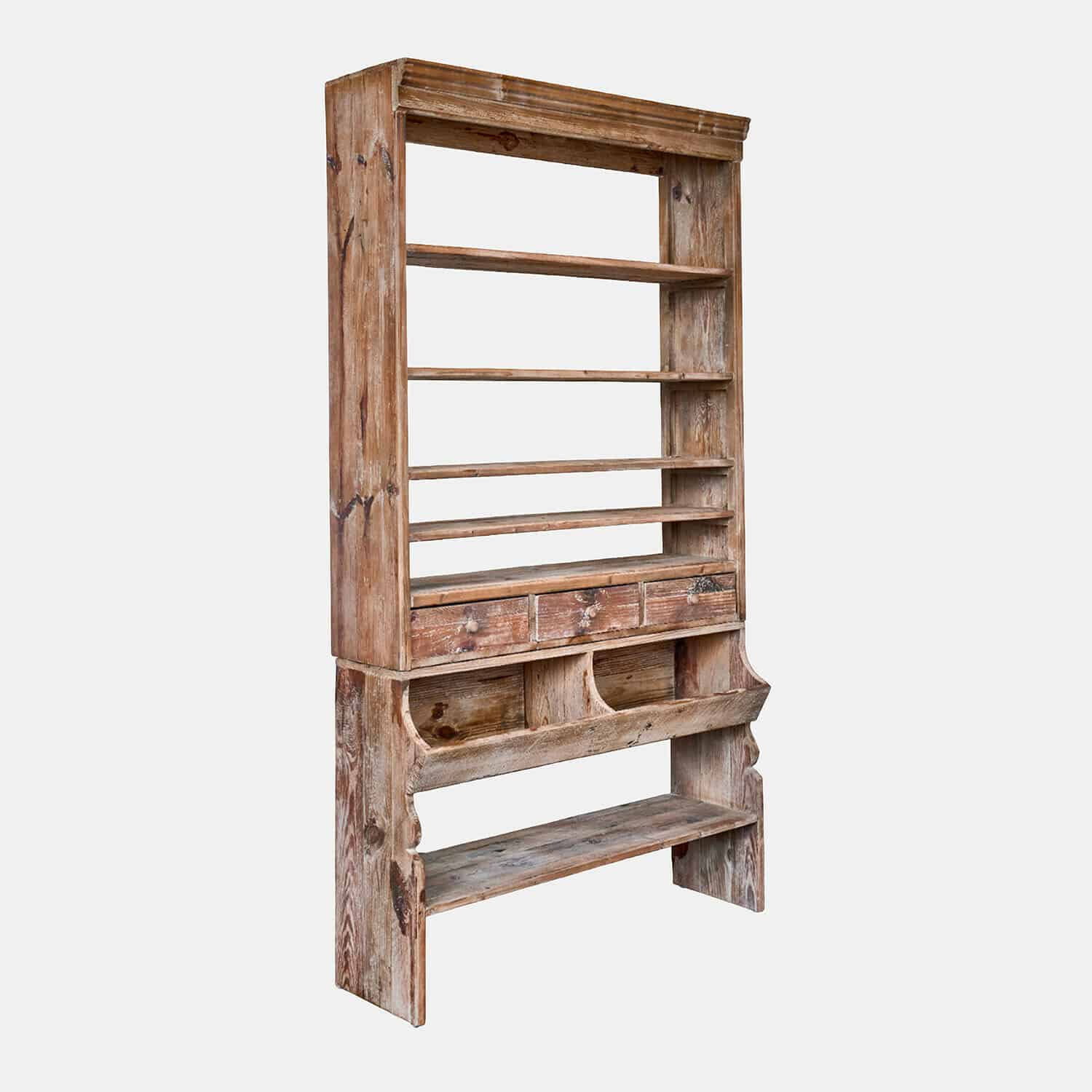 Estantería Émorian Estantería rústica de madera con estantes y cajones en acabado natural envejecido