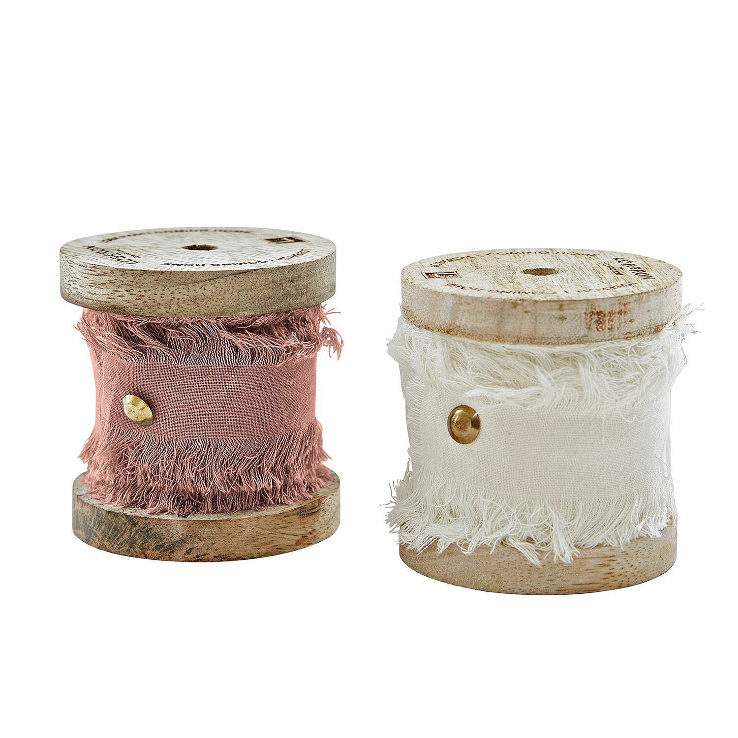 Set de dos cintas de algodón Valethor rosa y blanco en carretes de madera para decoración