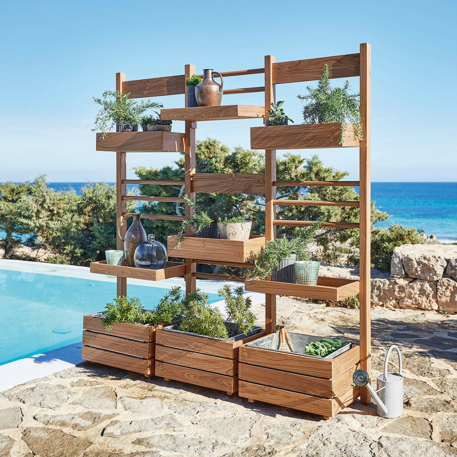 Estantería para plantas Lutry Macetero de madera con estantes para hierbas y decoraciones, color natural, ideal para jardín y terraza