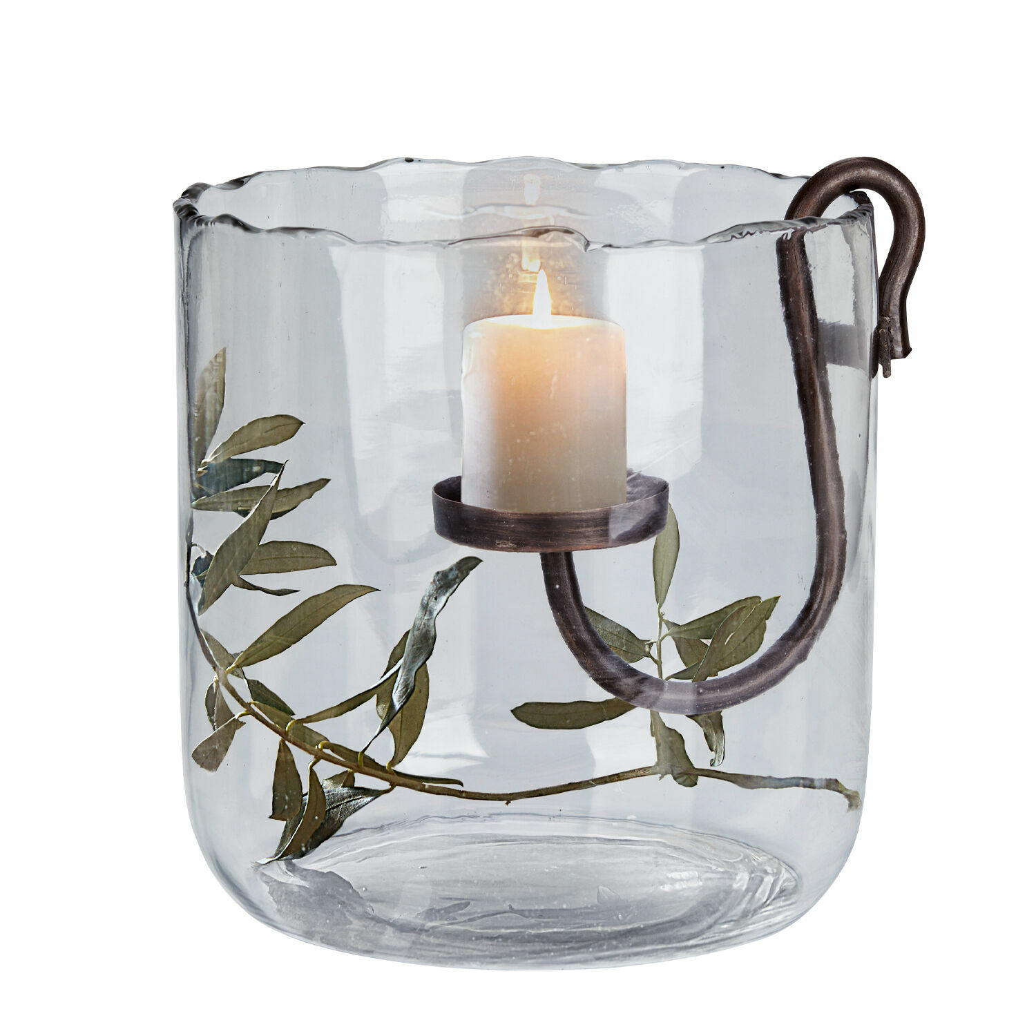 Portavelas Vermand Portavelas de vidrio con soporte metálico y hojas verdes, decoración para el hogar