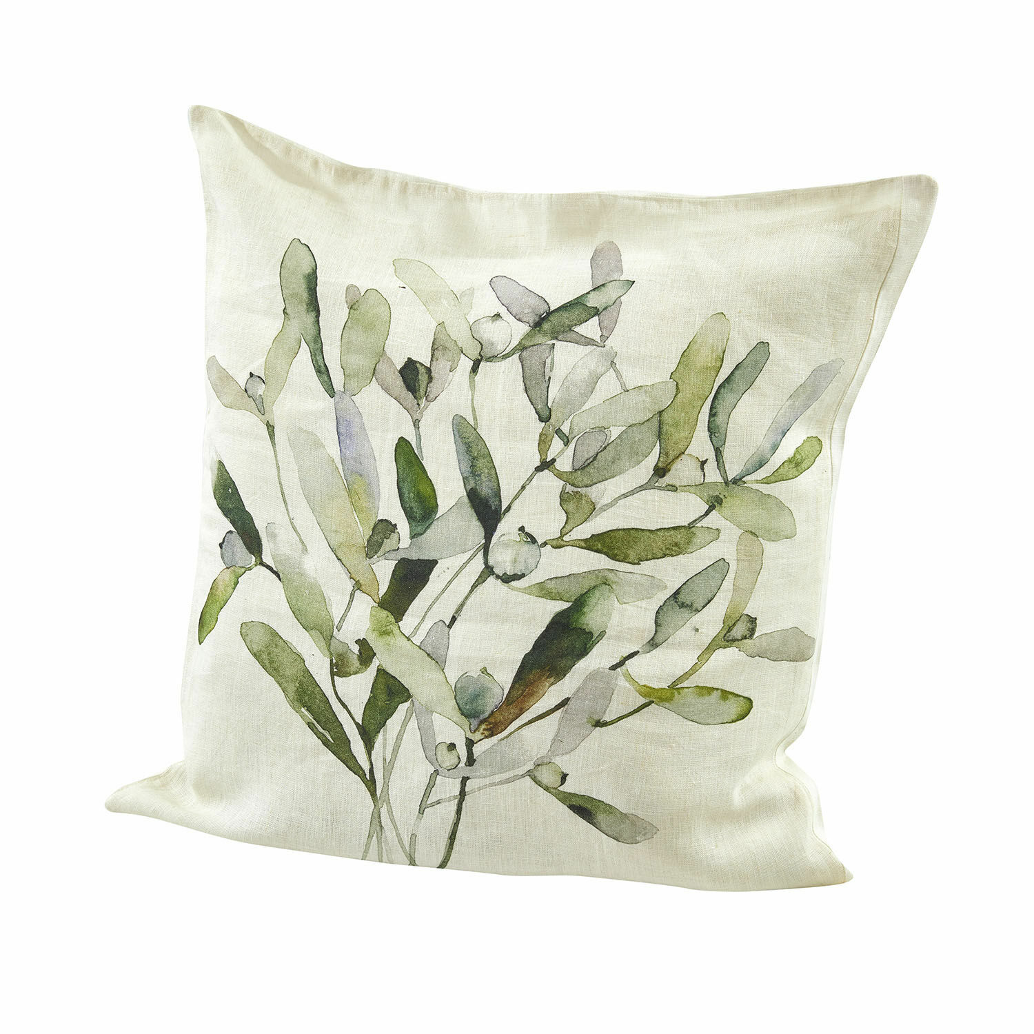 Funda de cojín Mistletoe Cojín decorativo de lino color crema con estampado vegetal verde para sala de estar
