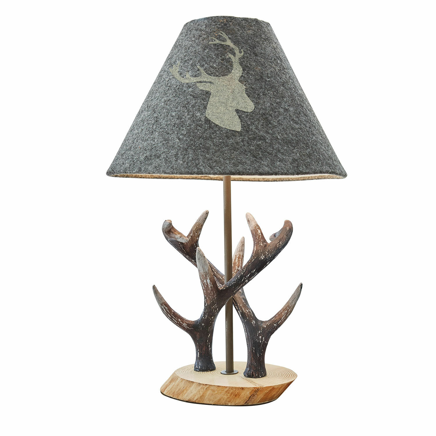 Lámpara de mesa Lodge Lámpara de mesa con base de madera y decoración de astas, pantalla gris con motivo de ciervo, iluminación decorativa