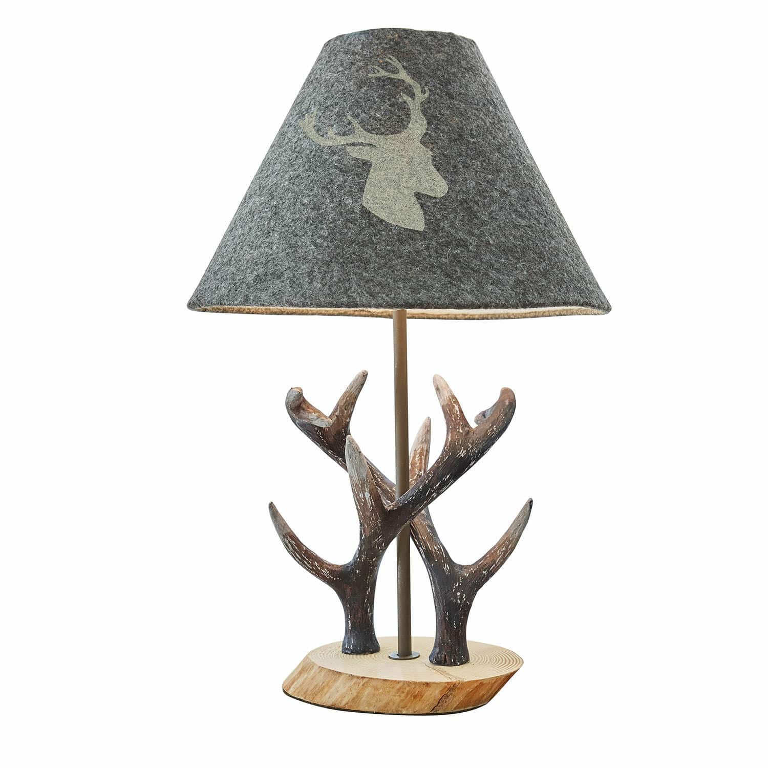Lámpara de mesa Lodge Lámpara de mesa con base de madera y decoración de astas, pantalla gris con motivo de ciervo, iluminación decorativa