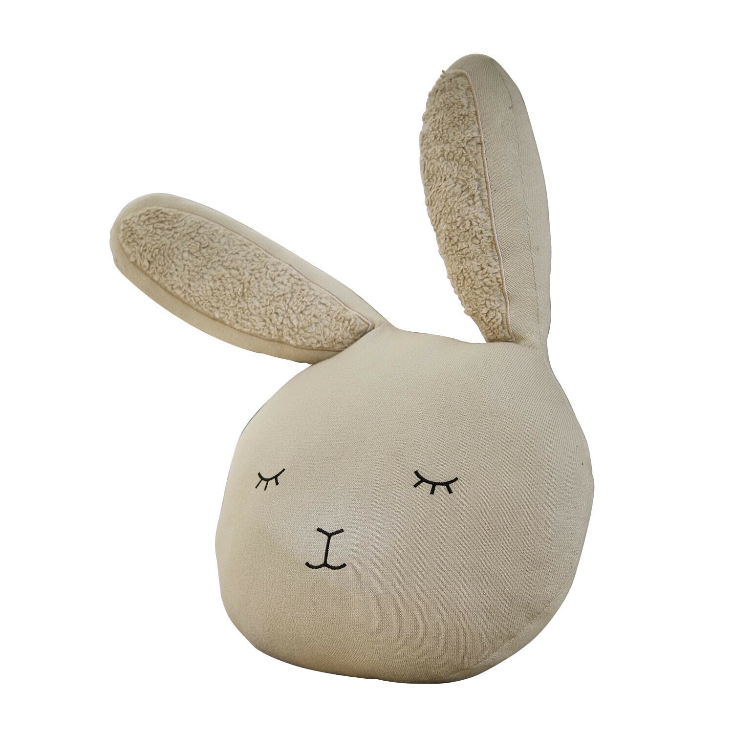 Cojín Fuzzletop Cojín beige con forma de cabeza de conejo, material suave y cara bordada para decoración infantil
