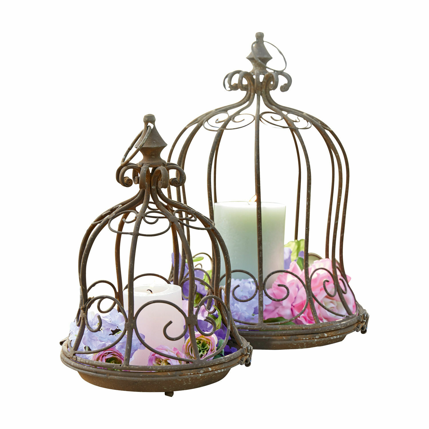 Conjunto de 2 jaulas decorativas de metal marrón con velas blancas y flores para interior y jardín