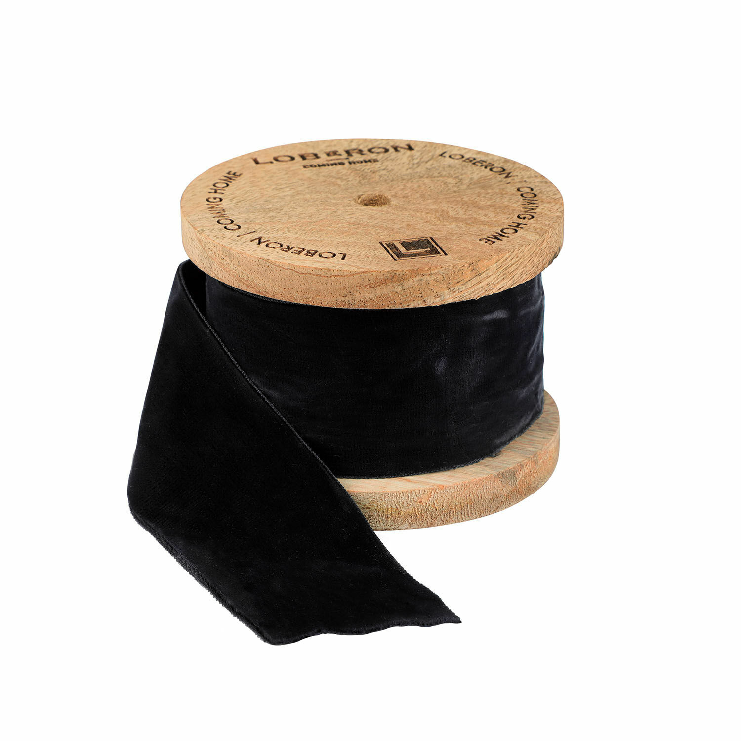 Cinta de terciopelo negra en carrete de madera para decoración y manualidades