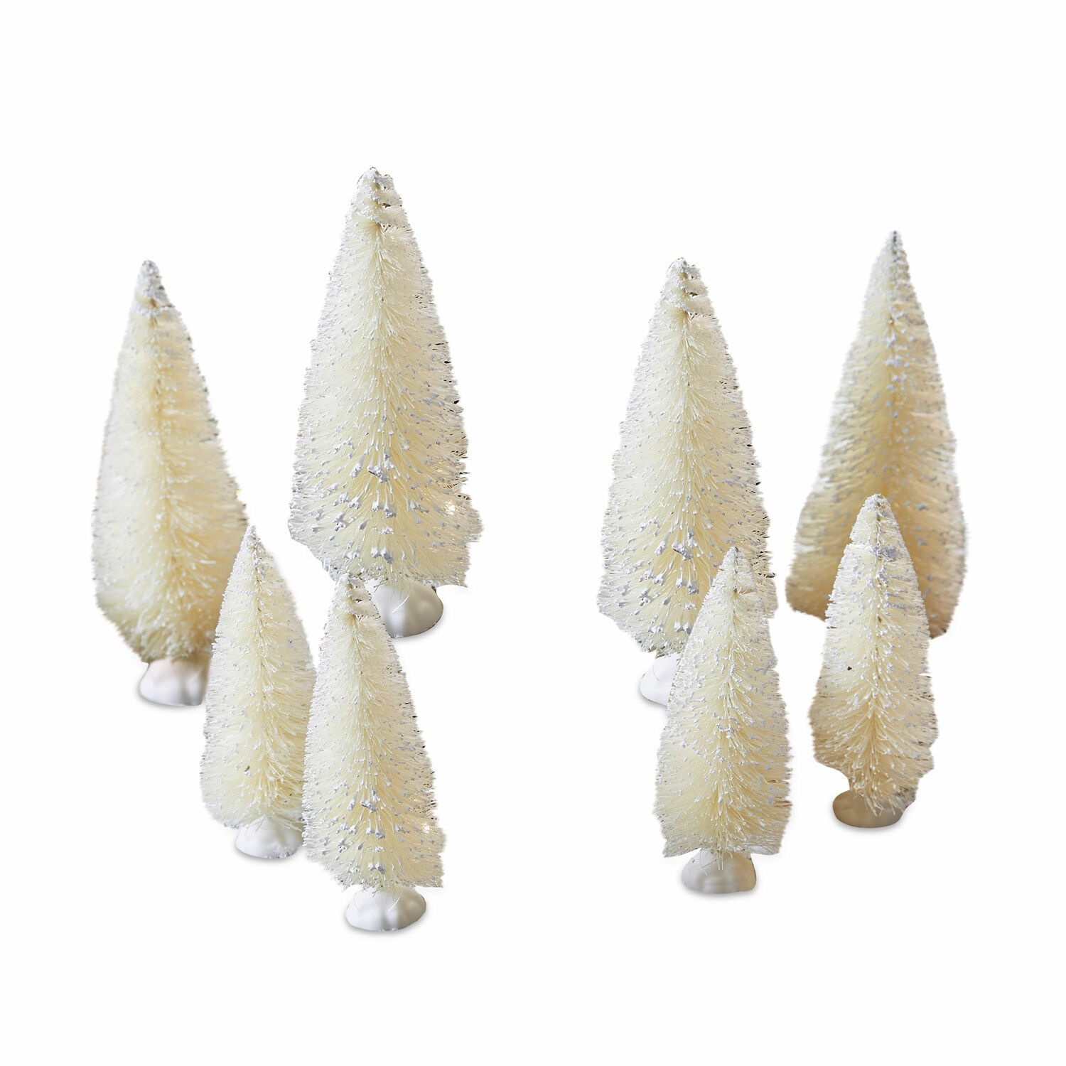Conjunto de 8 árboles decorativos crema de plástico con bases blancas para decoración navideña interior