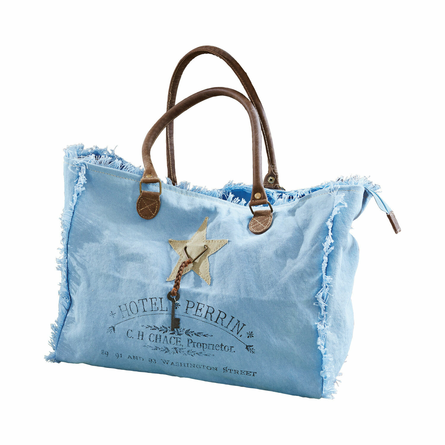 azul Bolso Elora azul de tela con asas marrones y llave decorativa, estilo vintage casual