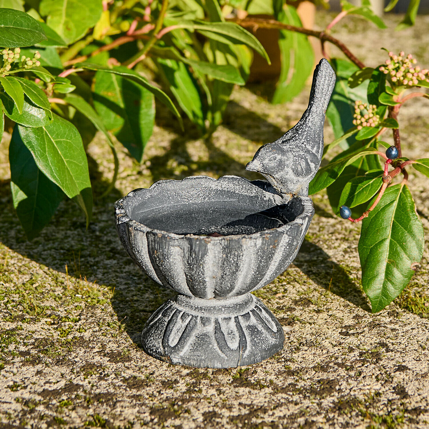 Bañera para pájaros Méravon Cuenco decorativo de hierro fundido gris con figura de pájaro, ideal para jardín o terraza