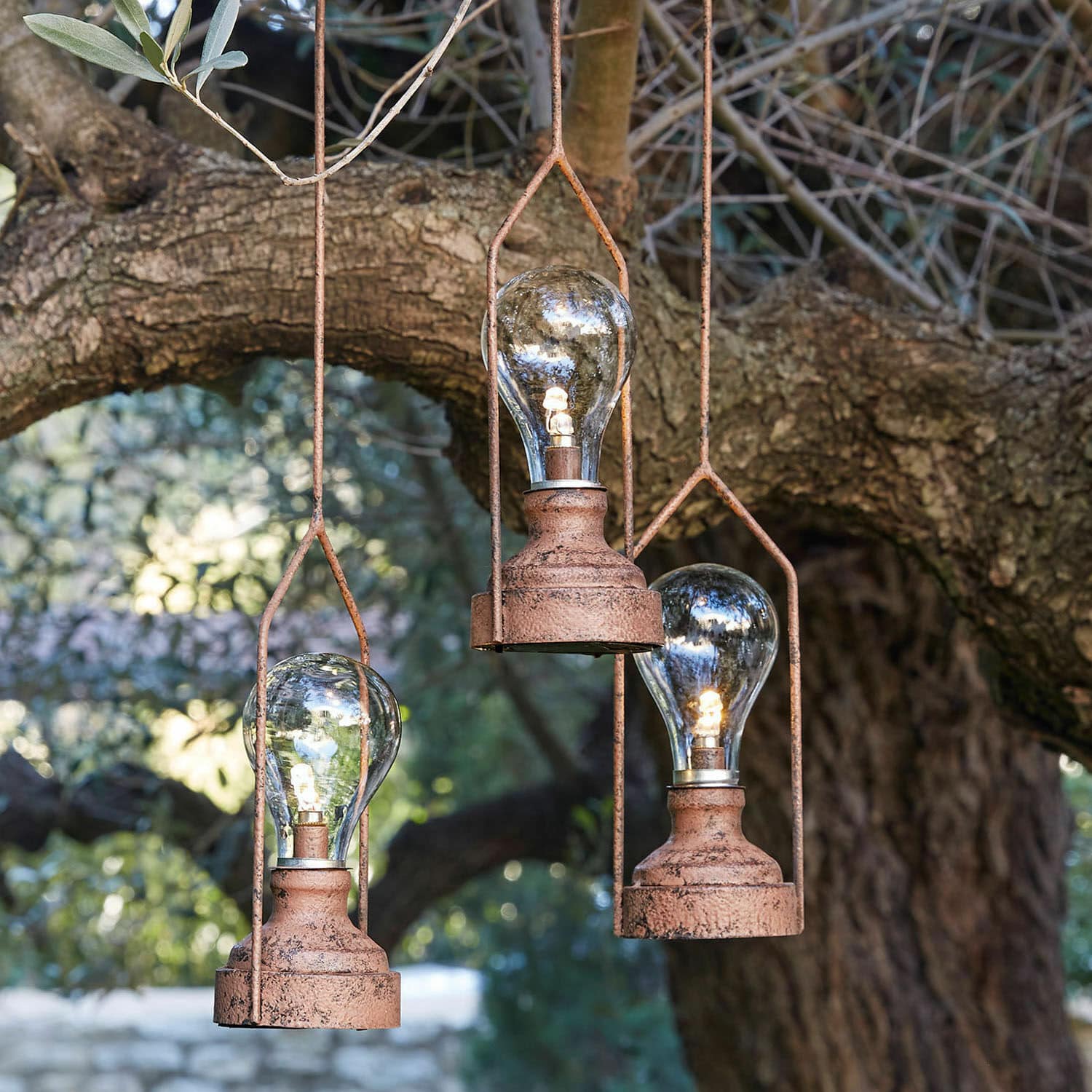 Set de 3 farolillos colgantes LED Chambéry Tres lámparas colgantes de metal oxidado con bombillas LED frente a un árbol, iluminación decorativa de jardín