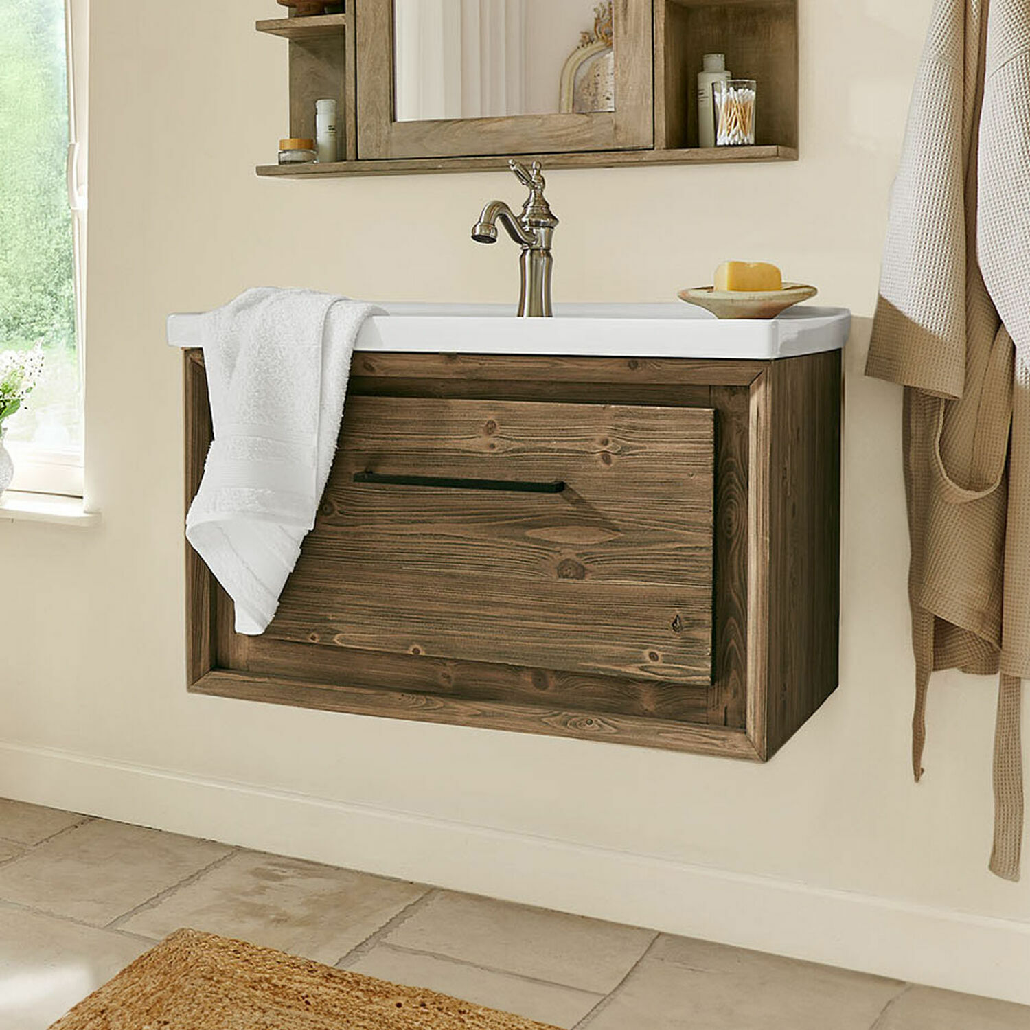 Mueble lavabo Greenhaven Mueble de baño suspendido de madera marrón con lavabo blanco y grifo cromado