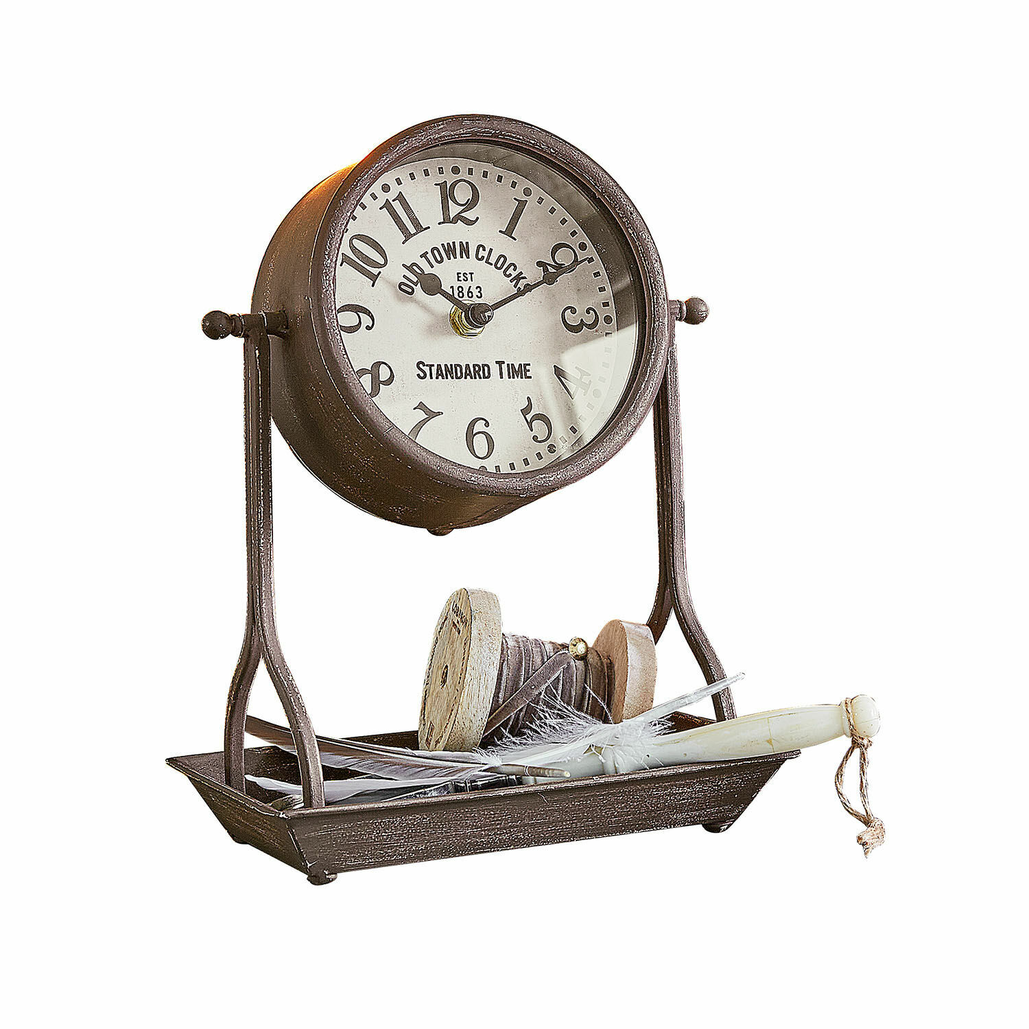 Reloj Vorexil Reloj de mesa de metal marrón con esfera blanca y plumas decorativas en bandeja