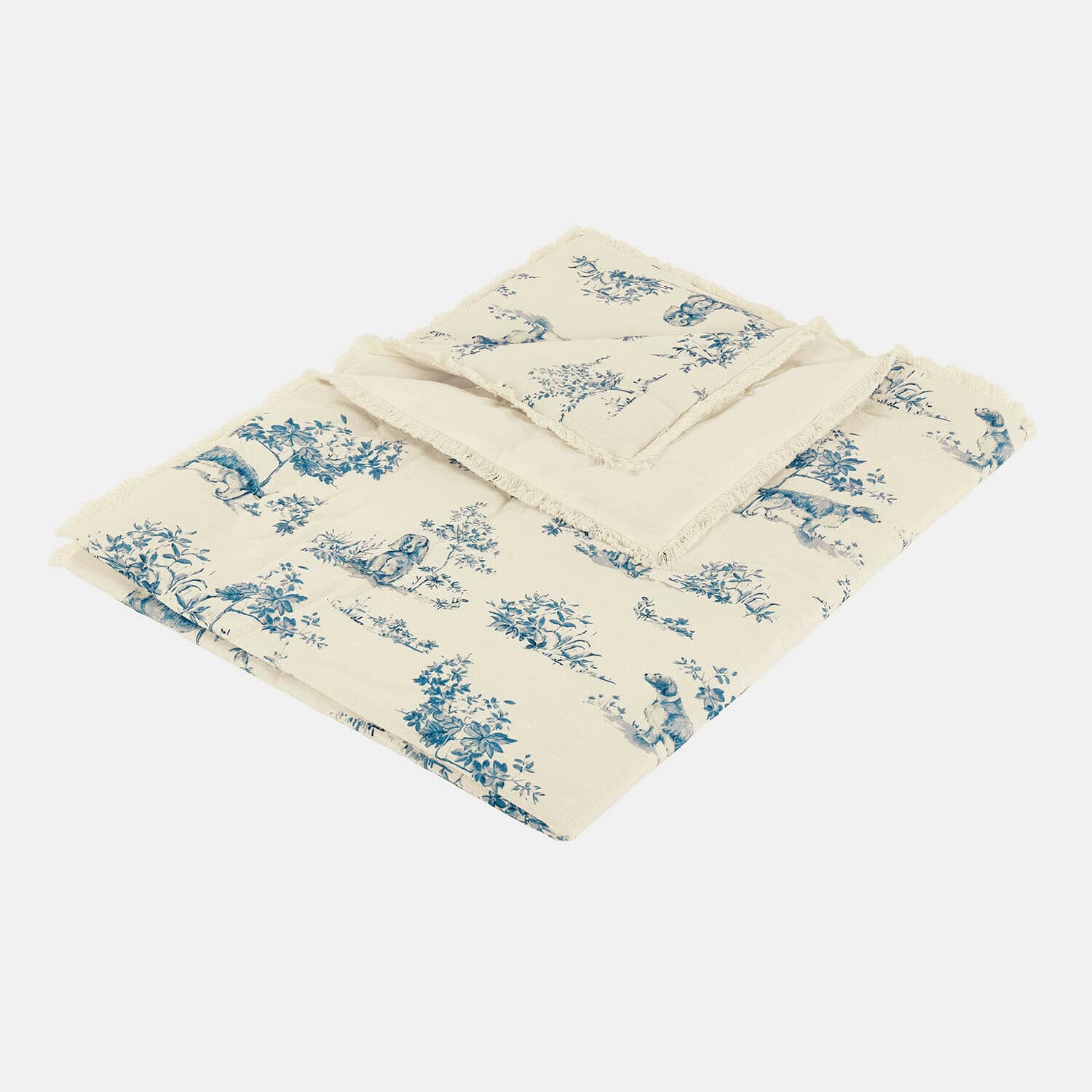 Colcha de algodón crema con estampado azul de plantas y animales, decorativa y suave