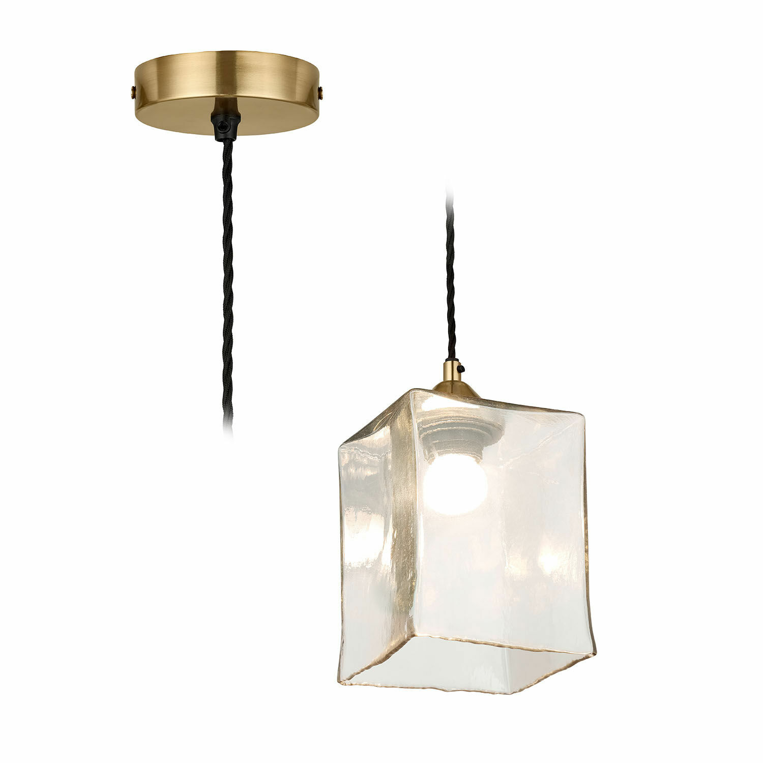 Lámpara colgante Floravon Lámpara colgante de vidrio transparente y latón en forma de cubo, iluminación moderna para interiores
