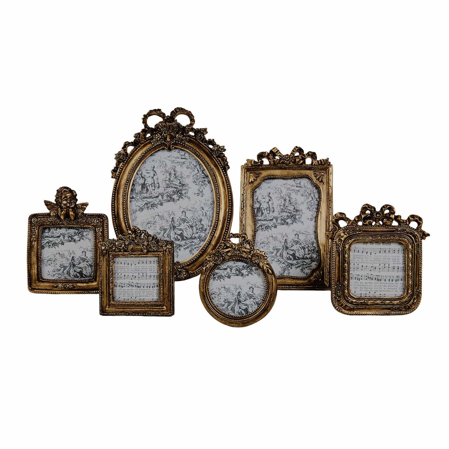 Set de 6 marcos Fiordano Conjunto de seis marcos dorados vintage con detalles de ángeles y partituras musicales para fotos