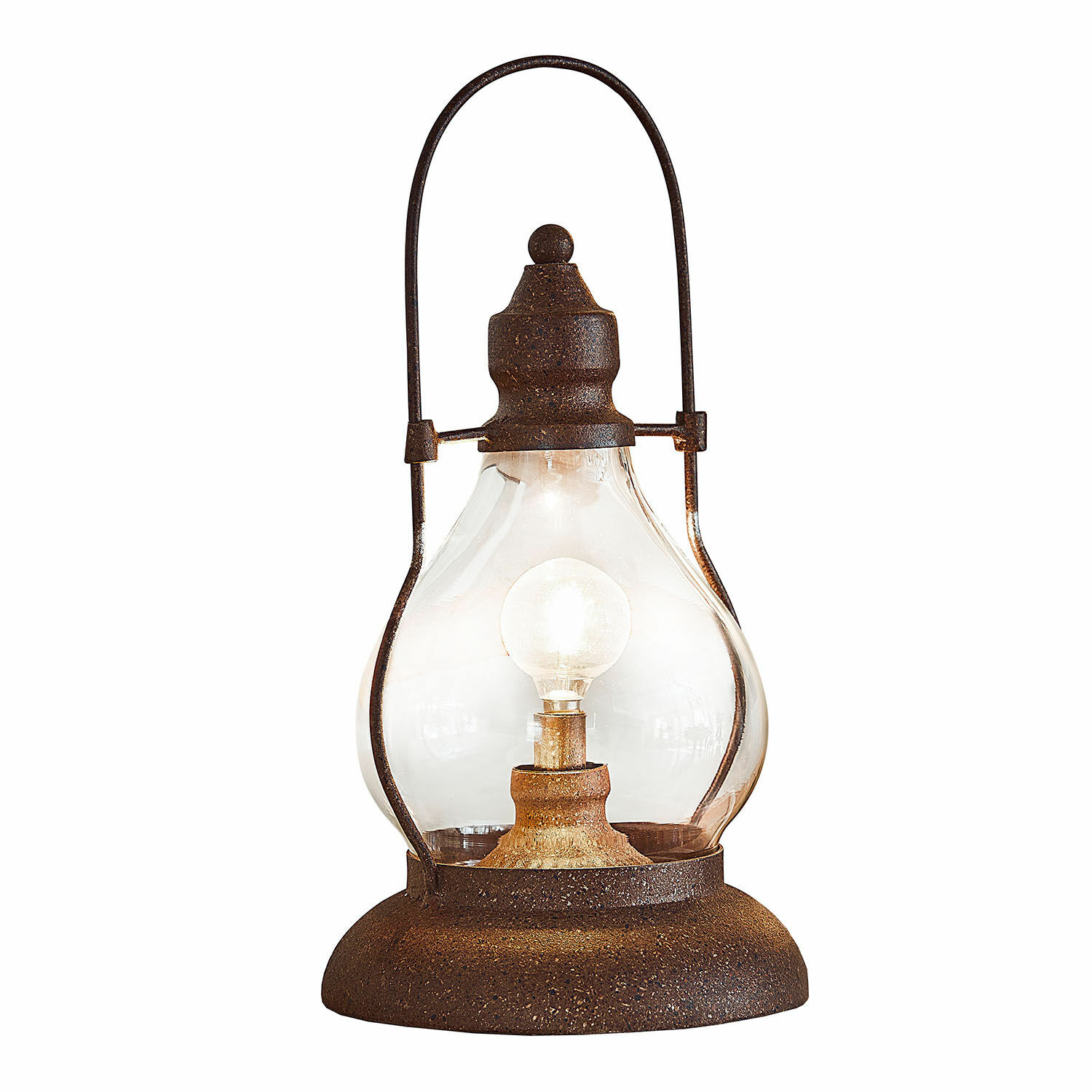 Farolillo LED recargable Cortney Lámpara de mesa rústica de metal oxidado con pantalla transparente y bombilla LED