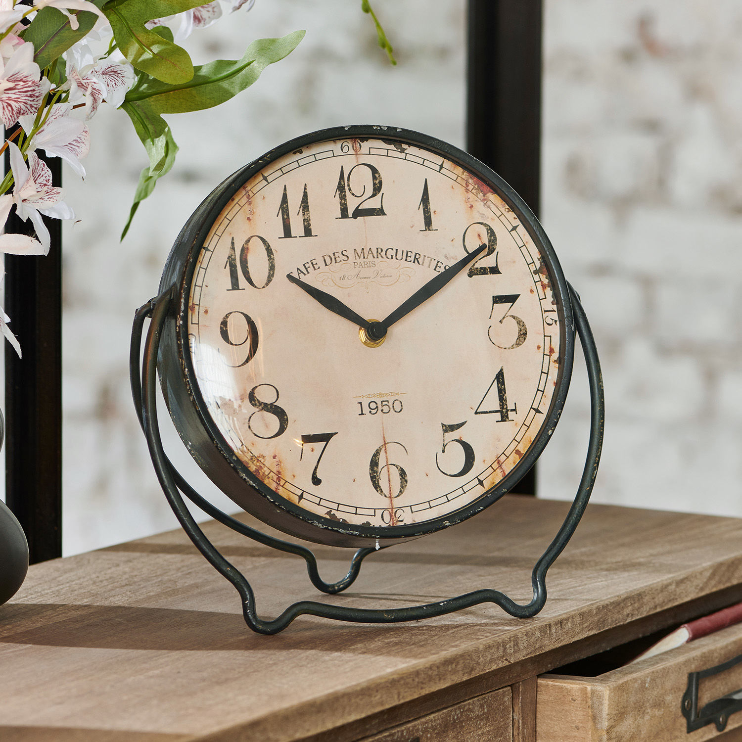 Reloj Falaise Reloj de mesa redondo con marco metálico negro y esfera envejecida estilo vintage