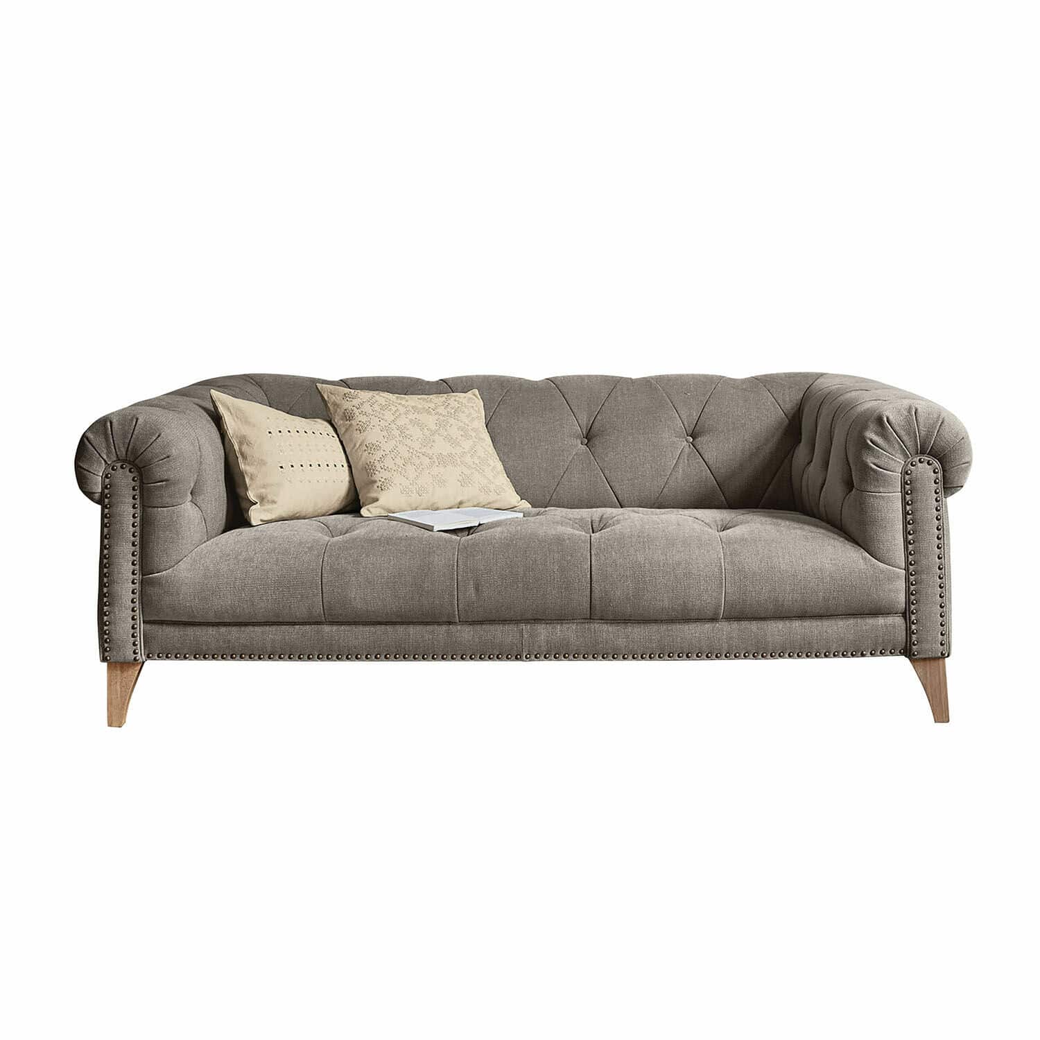 Sofá Sanbornville Sofá tapizado gris con botones decorativos y patas de madera, estilo vintage para salón