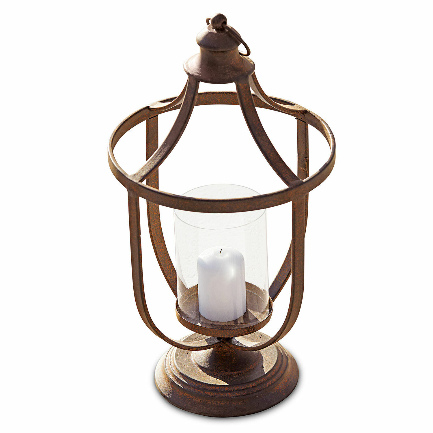 Farol Saint-Denis Linterna decorativa de metal con acabado oxidado, vela blanca y protección de vidrio para mesa y jardín