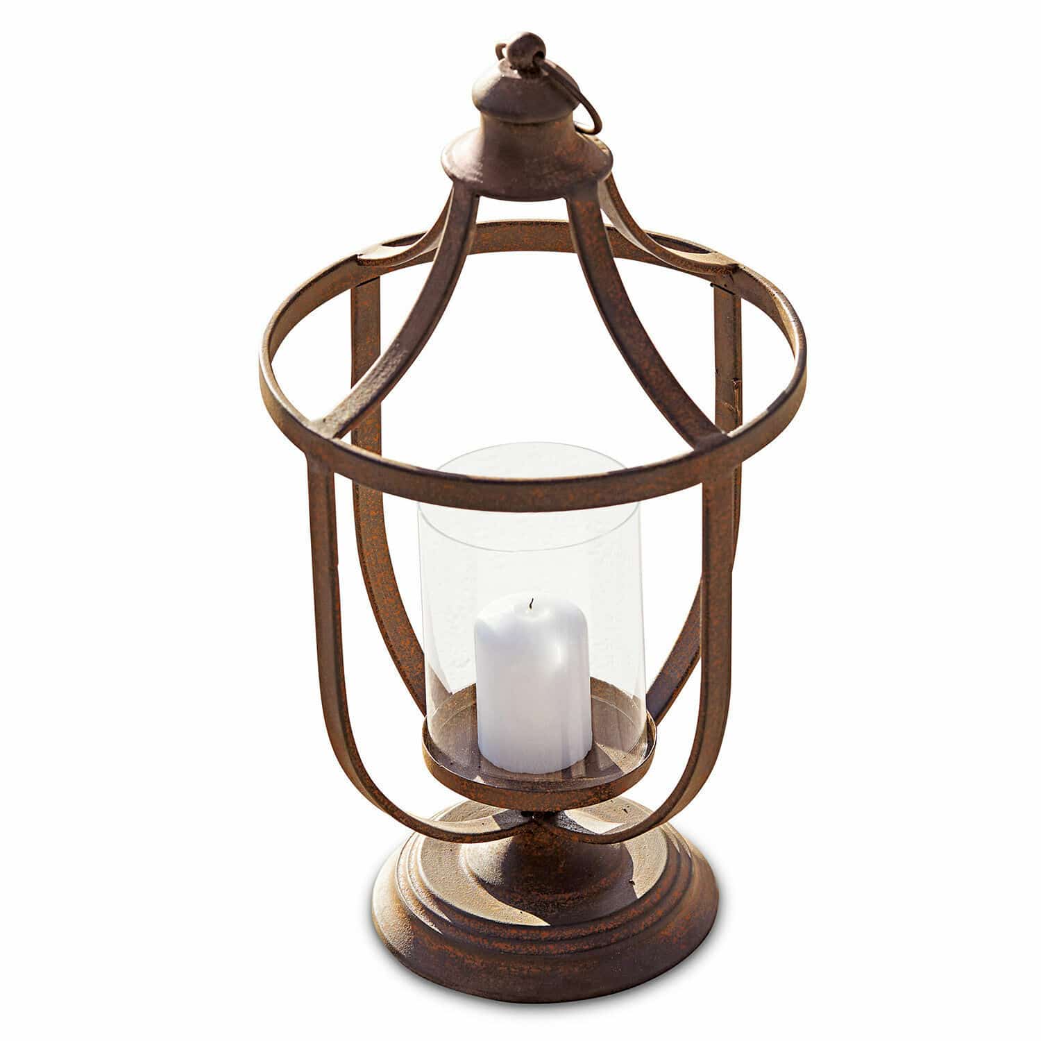 Farol Saint-Denis Linterna decorativa de metal con acabado oxidado, vela blanca y protección de vidrio para mesa y jardín