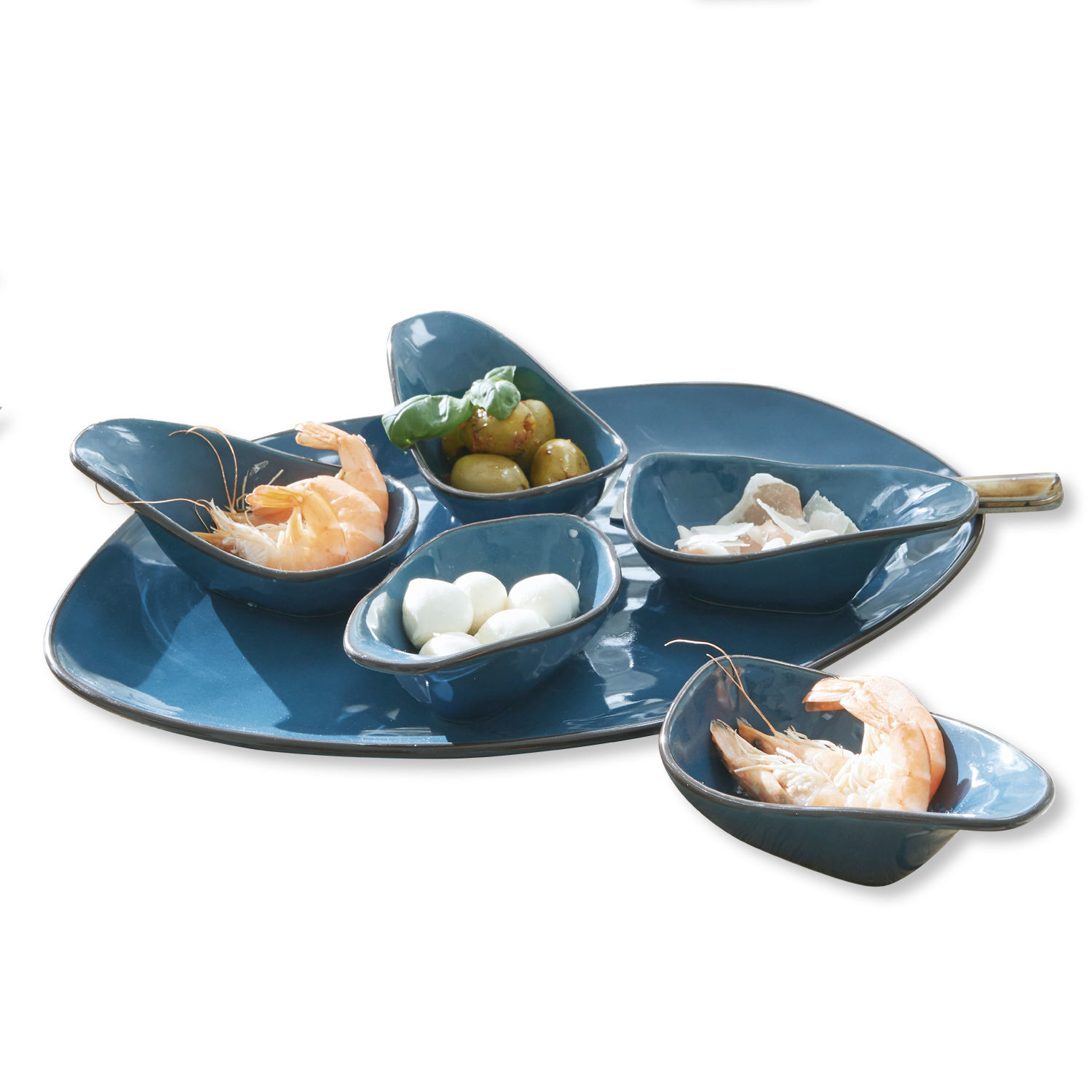 Set de 5 cuencos y plato de servir Biarré Juego de cuencos de cerámica azul con mariscos y aceitunas en bandeja para aperitivos