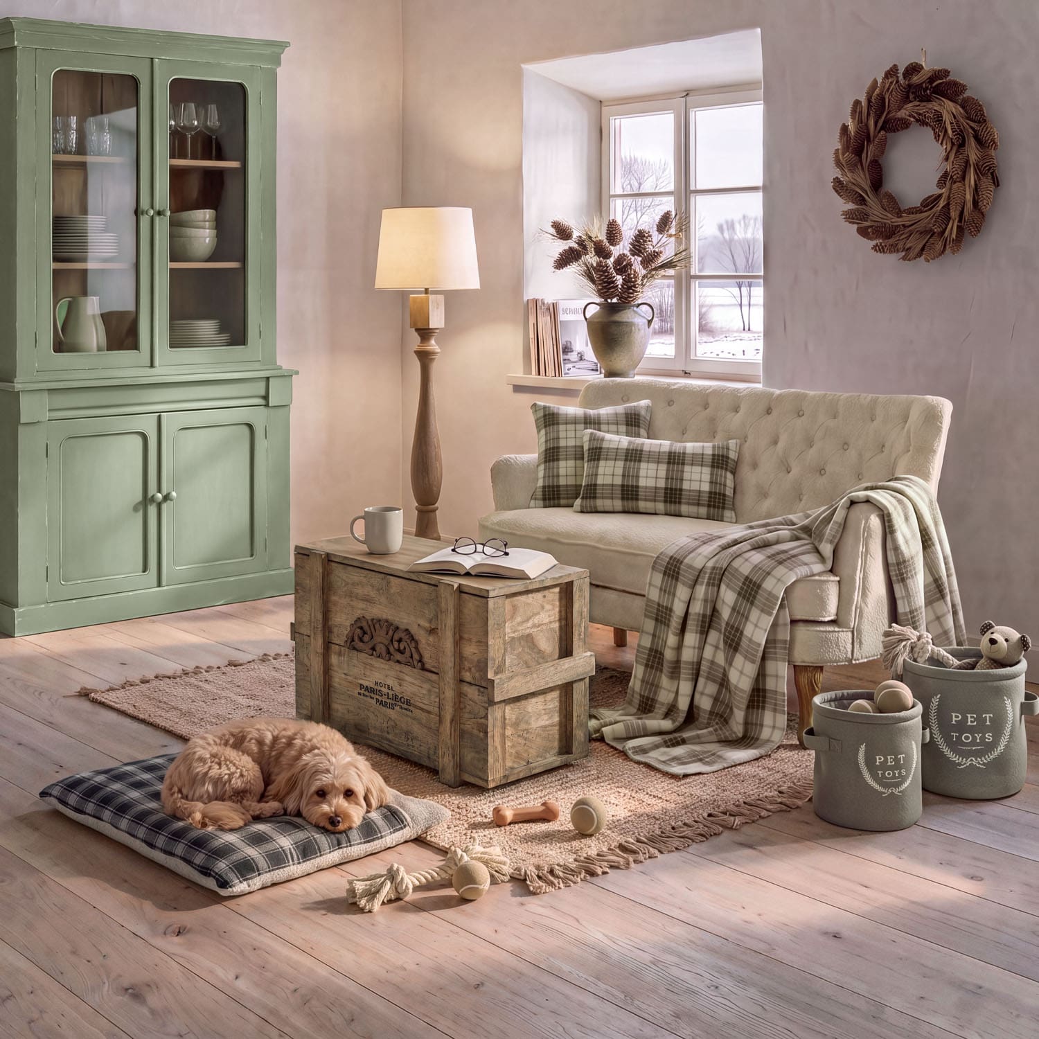 Sala acogedora con sofá crema, vitrina verde de madera y mesa de centro rústica de madera