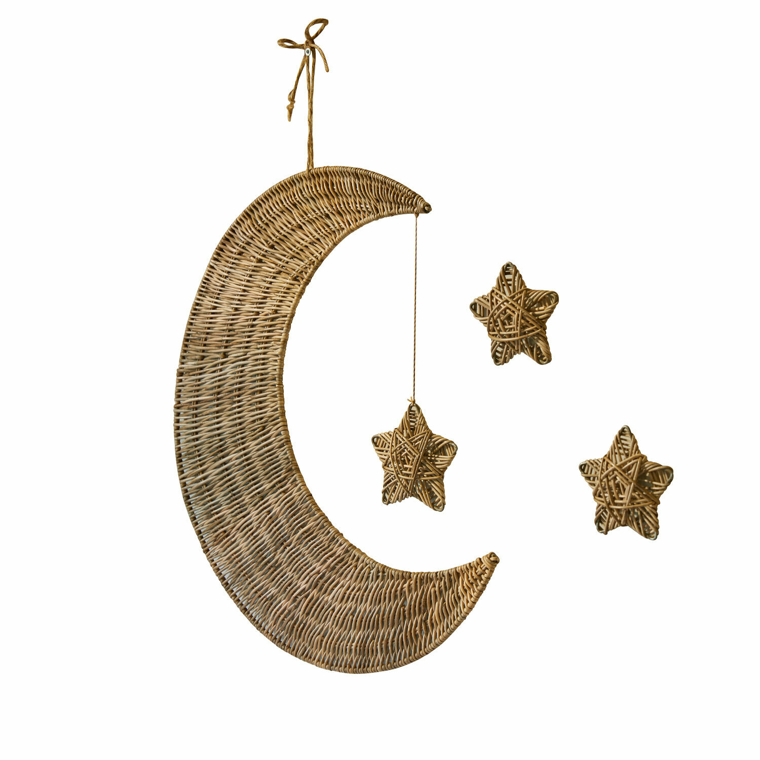 Decoración mural Aurorette Decoración colgante de mimbre en forma de luna y estrellas en color natural para interiores