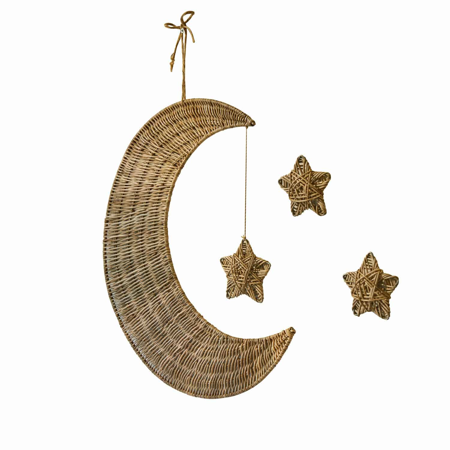 Decoración mural Aurorette Decoración colgante de mimbre en forma de luna y estrellas en color natural para interiores