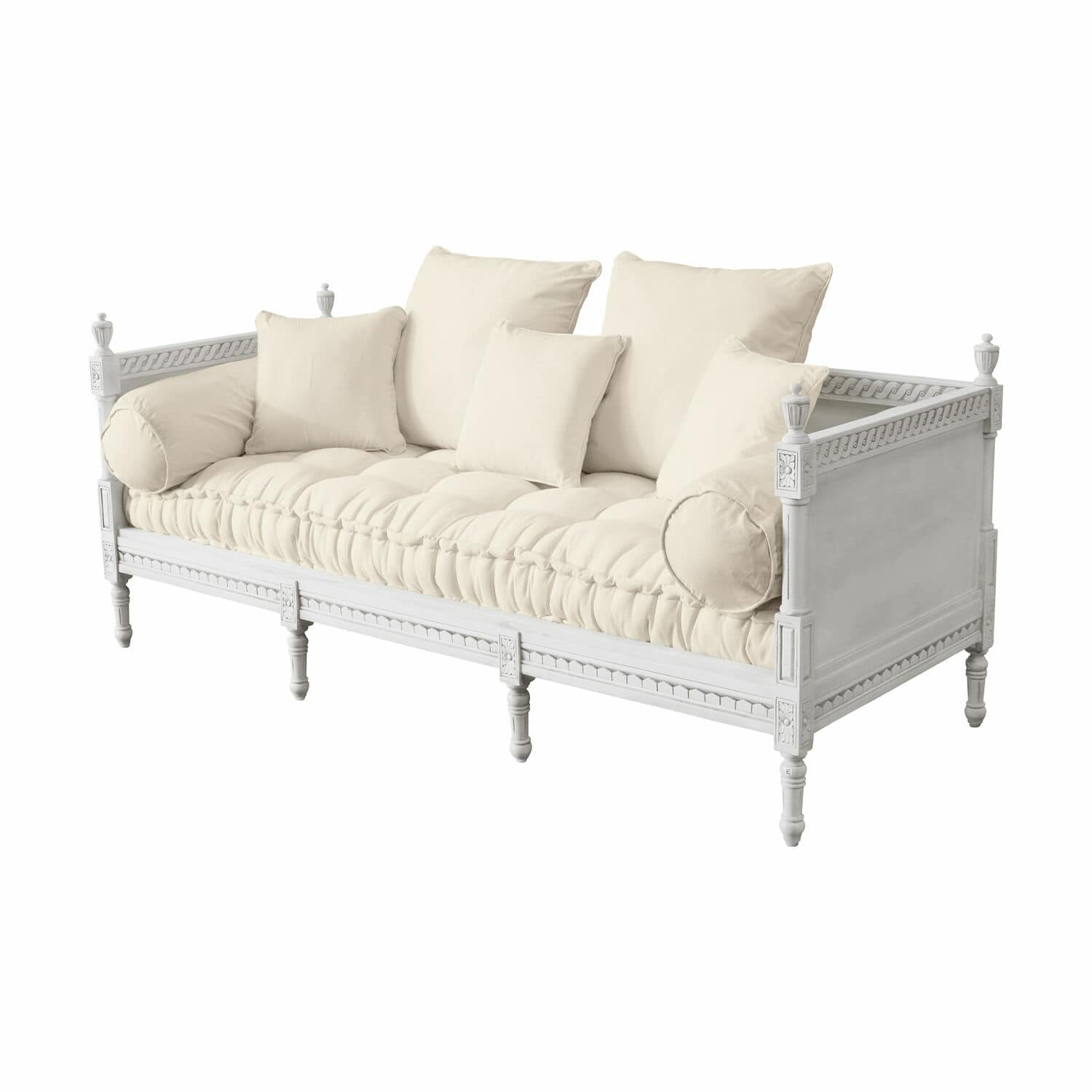 gris/lino Sofá Douville con tapizado de lino gris y estructura de madera blanca, mueble elegante para salón