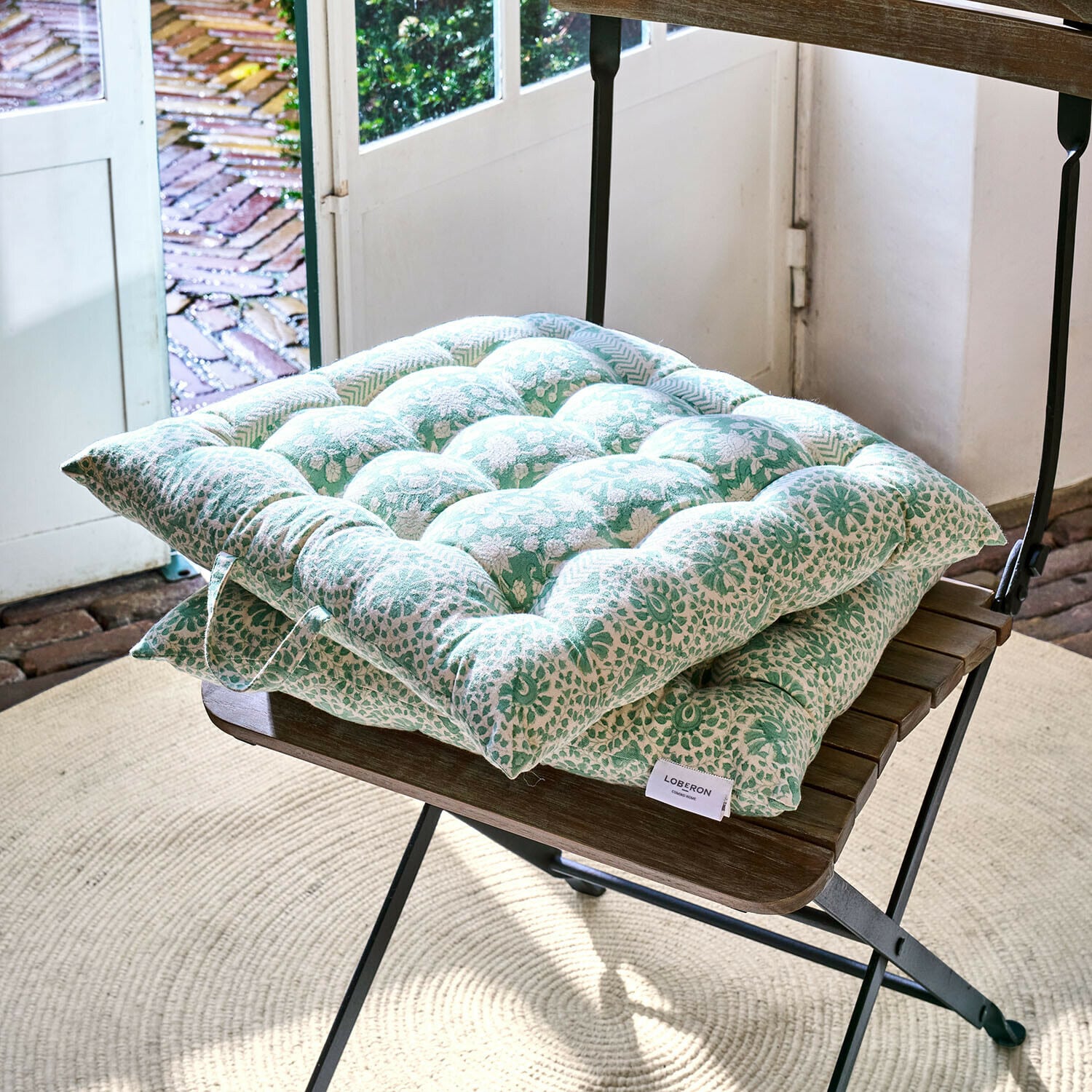 Set de 2 fundas de cojín Fleuronnes Cojín de algodón para silla con diseño verde y blanco, cómodo para uso en interiores y exteriores