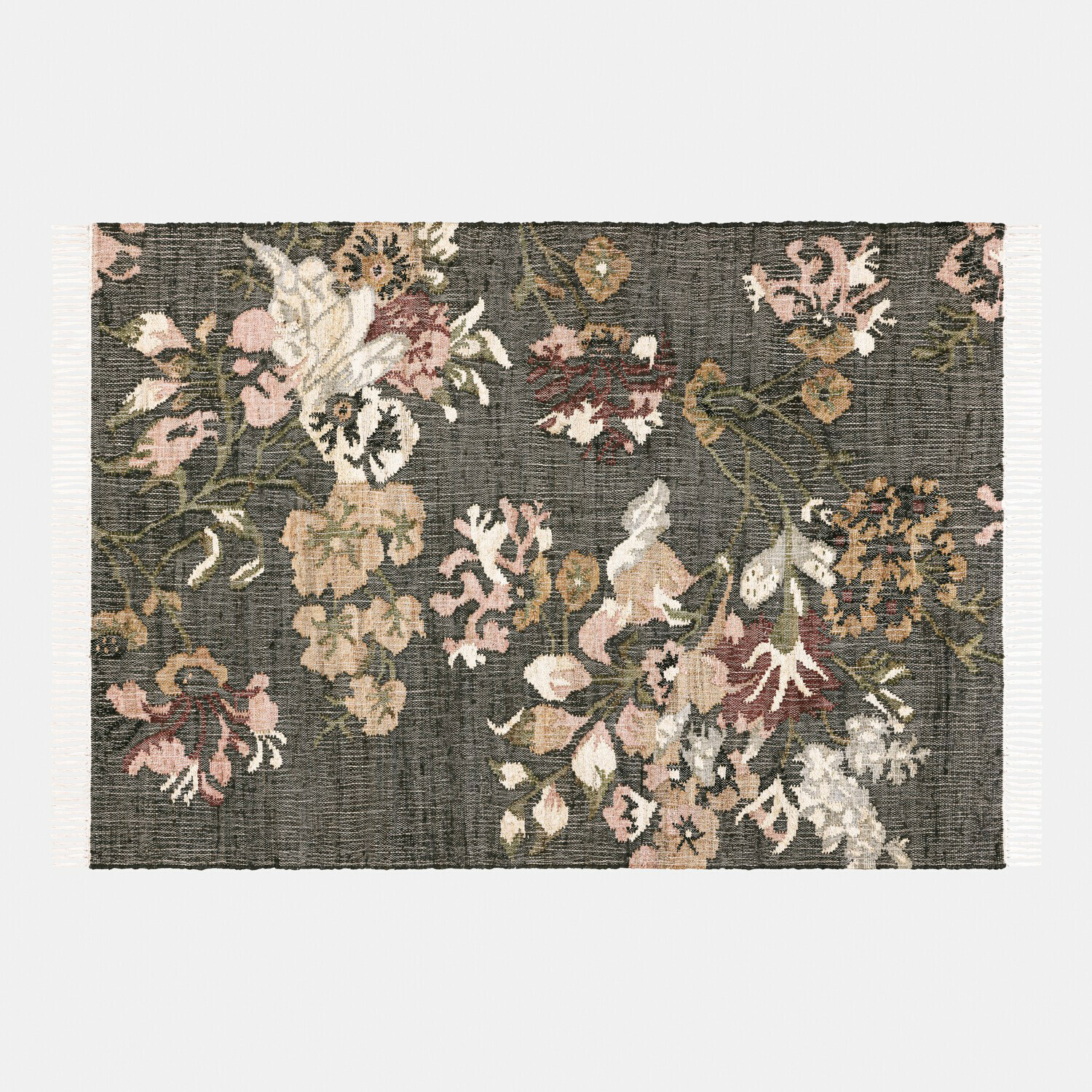 Alfombra Yasirah Alfombra con diseño floral en tonos grises y beige con flecos, decoración para salón