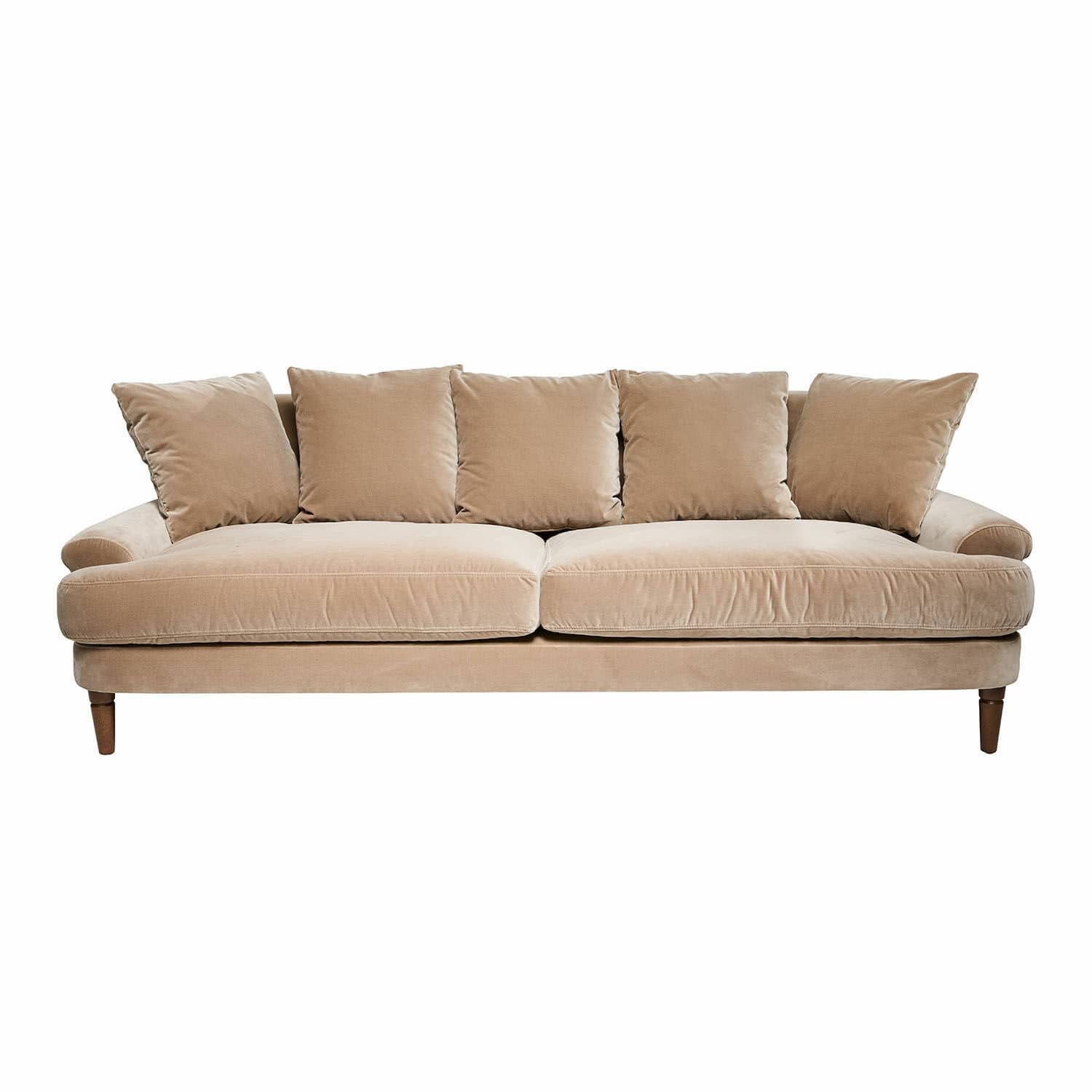 Sofá Rivermere Sofá beige de tela suave con cinco cojines y patas de madera, mueble cómodo para salón