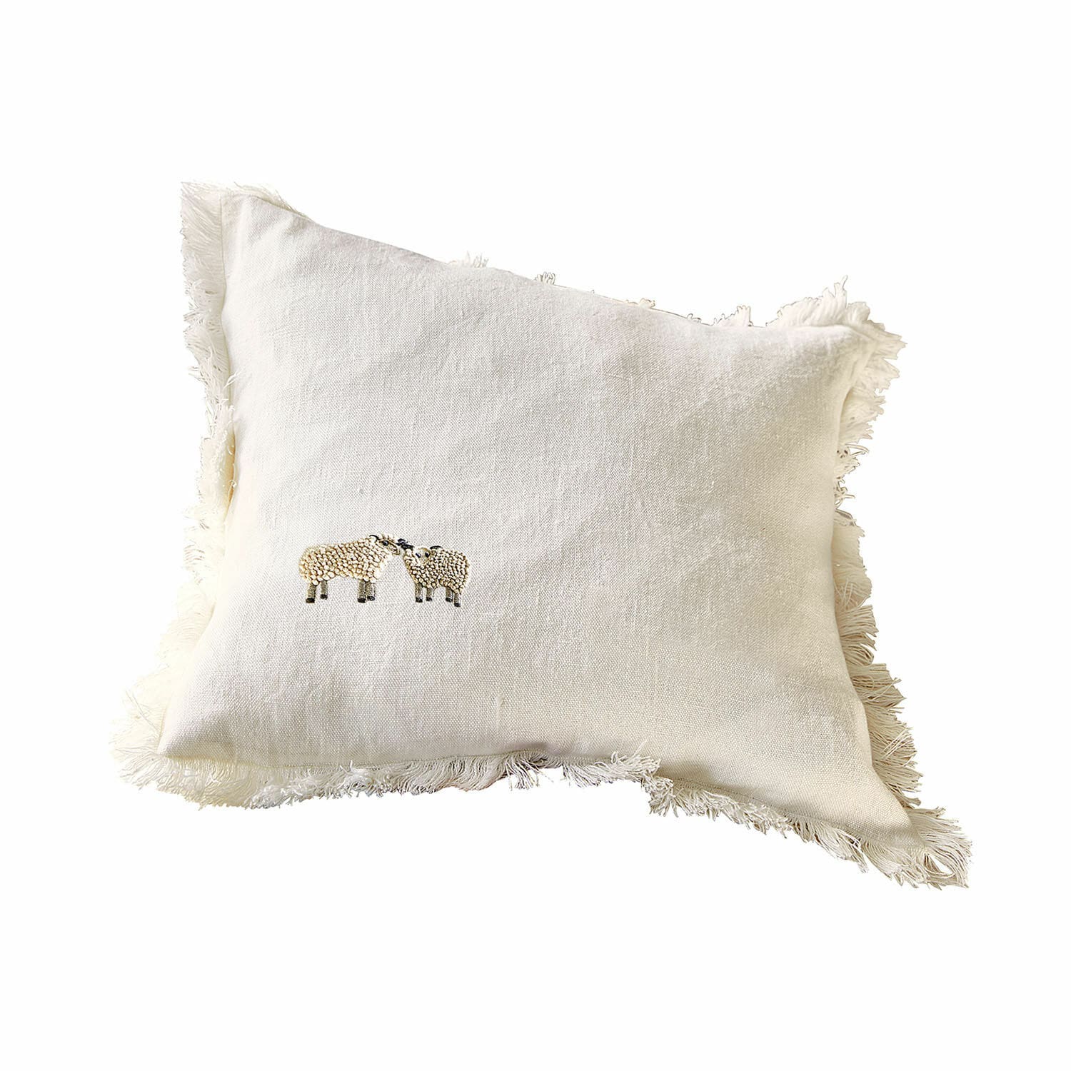 Funda de cojín Erianna Cojín blanco de lino con flecos y bordado de dos ovejas, accesorio decorativo para el hogar