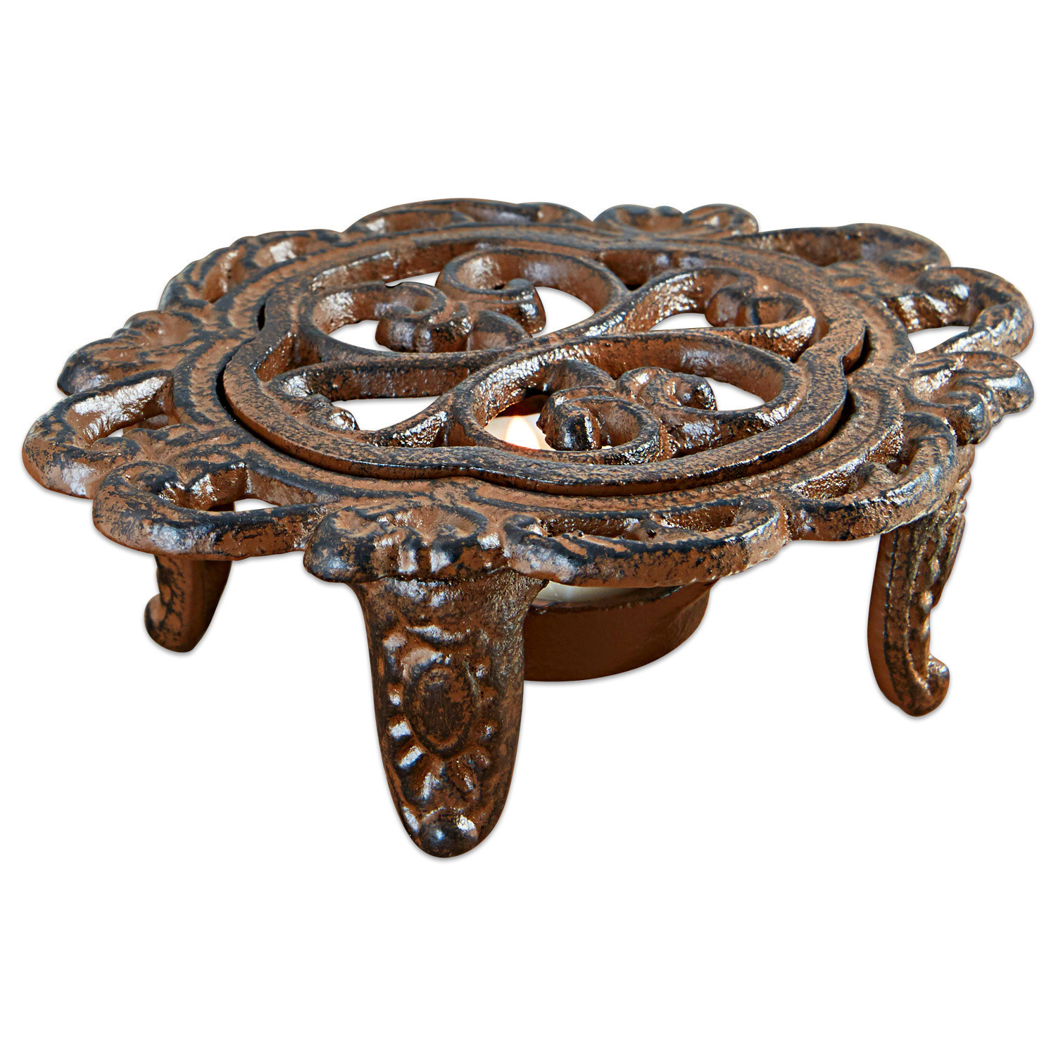 Calentador de tetera Florian Soporte decorativo de hierro forjado color óxido para calentar utensilios de cocina