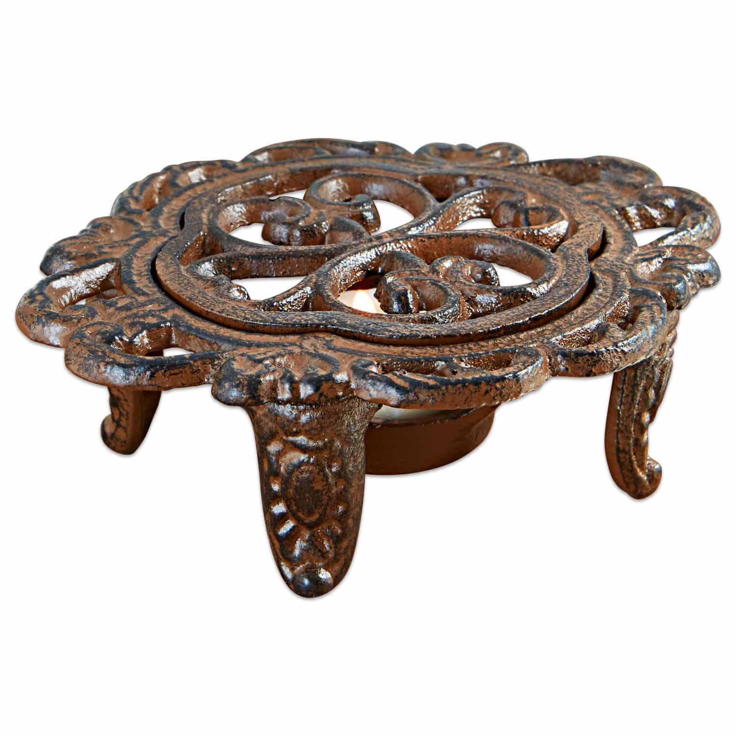 Calentador de tetera Florian Soporte decorativo de hierro forjado color óxido para calentar utensilios de cocina