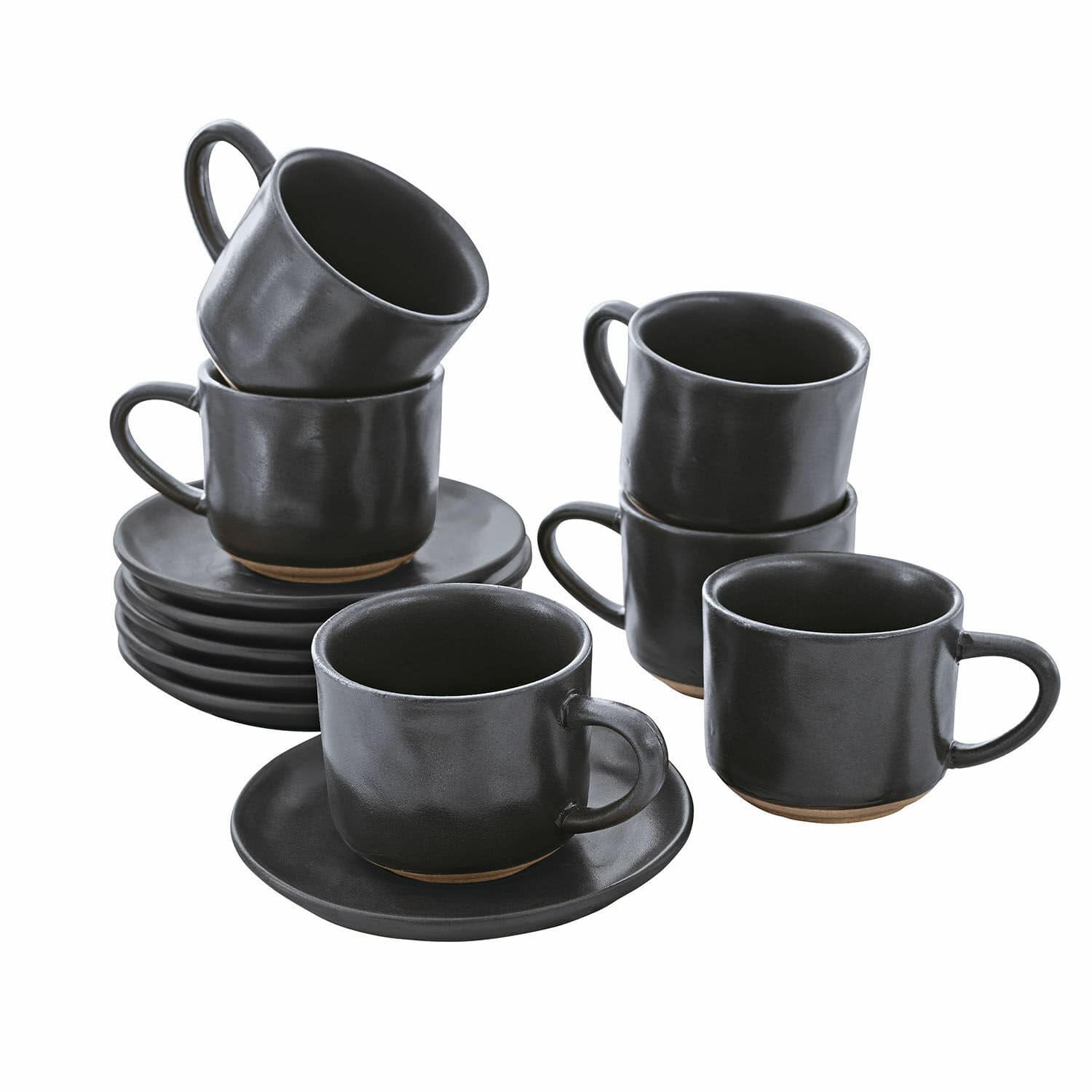 Juego de 6 tazas de espresso negras de cerámica con platos, diseño moderno para café