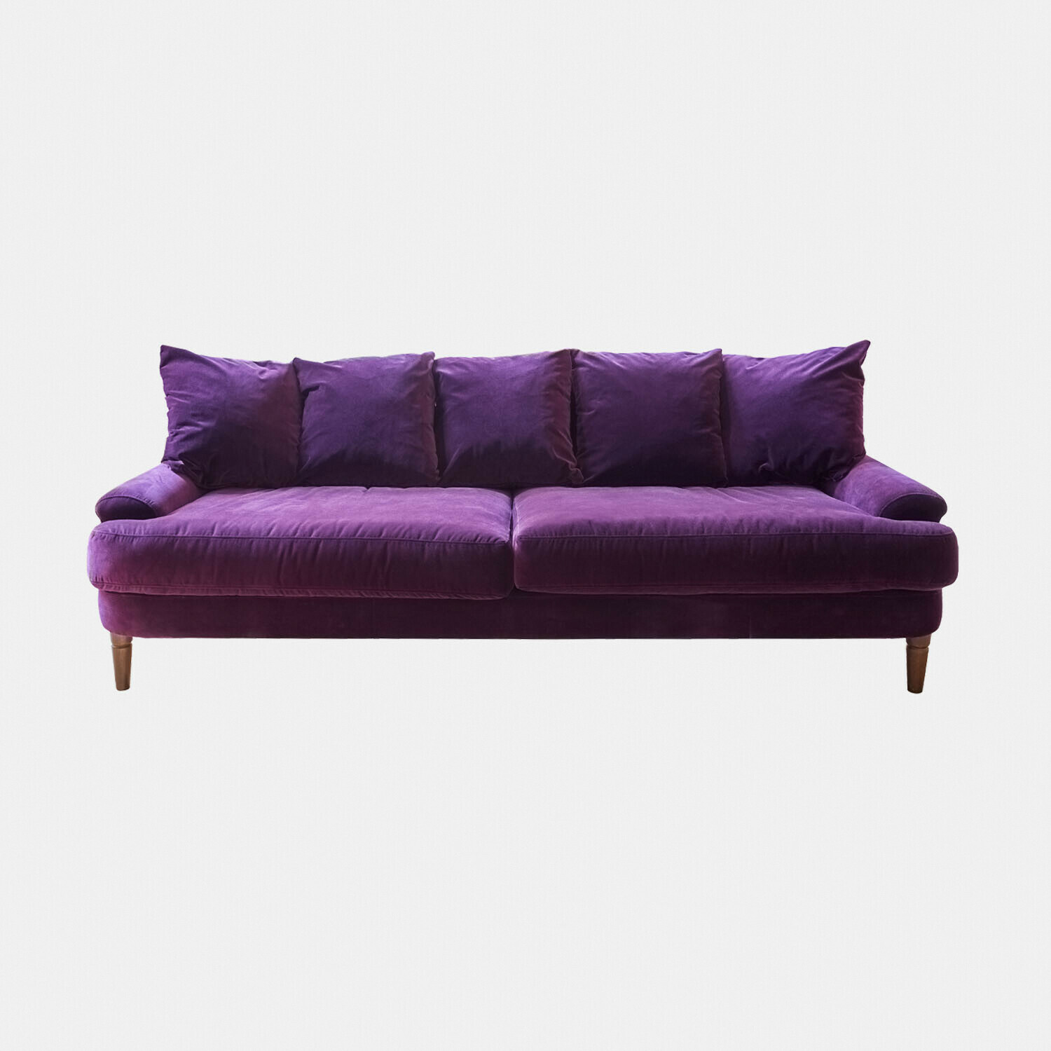 morado Sofá Rivermere violeta de terciopelo suave con cojines y patas de madera, mueble cómodo para salón