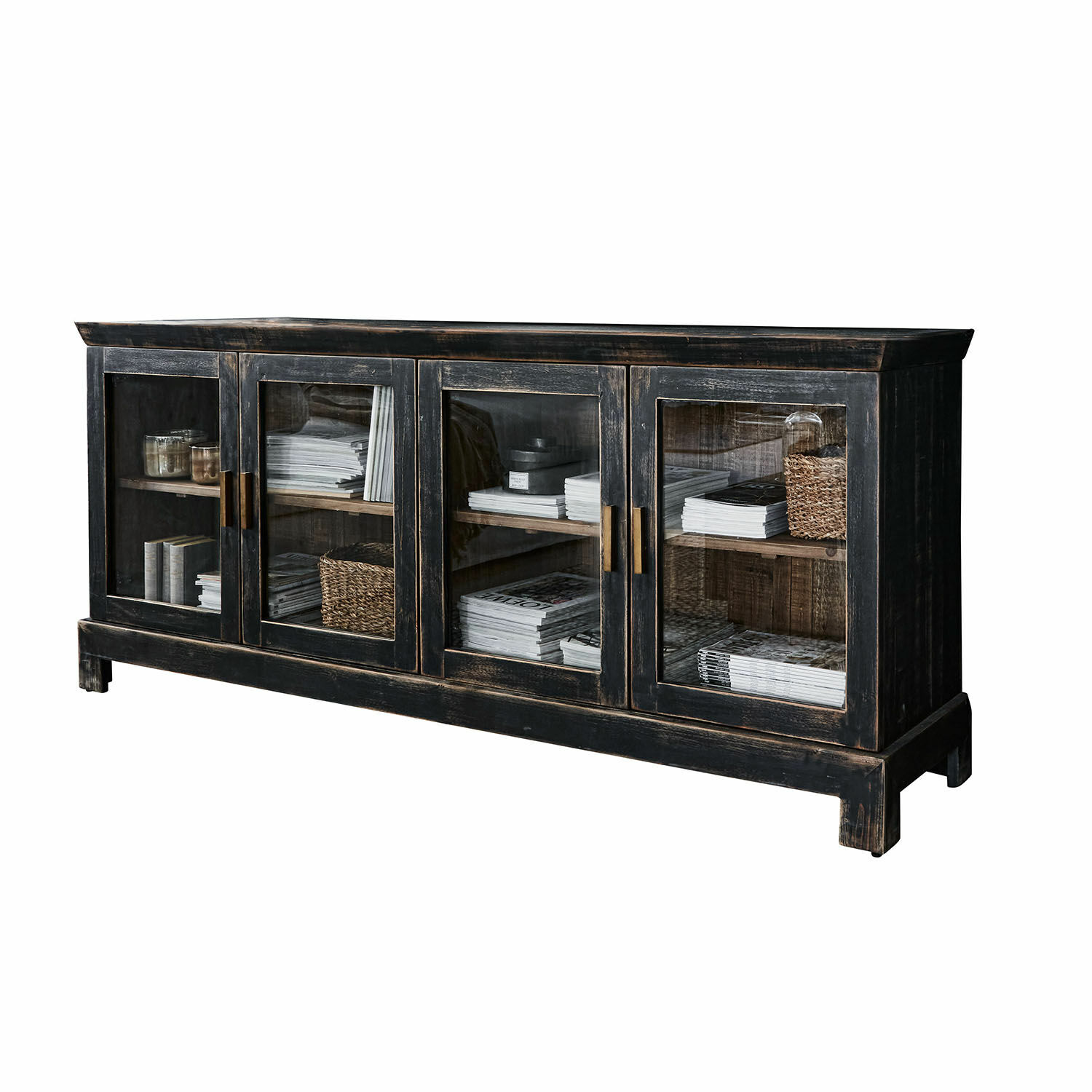 Cómoda Nivelles Vitrina de madera negra con puertas de cristal y tiradores de latón, estilo vintage