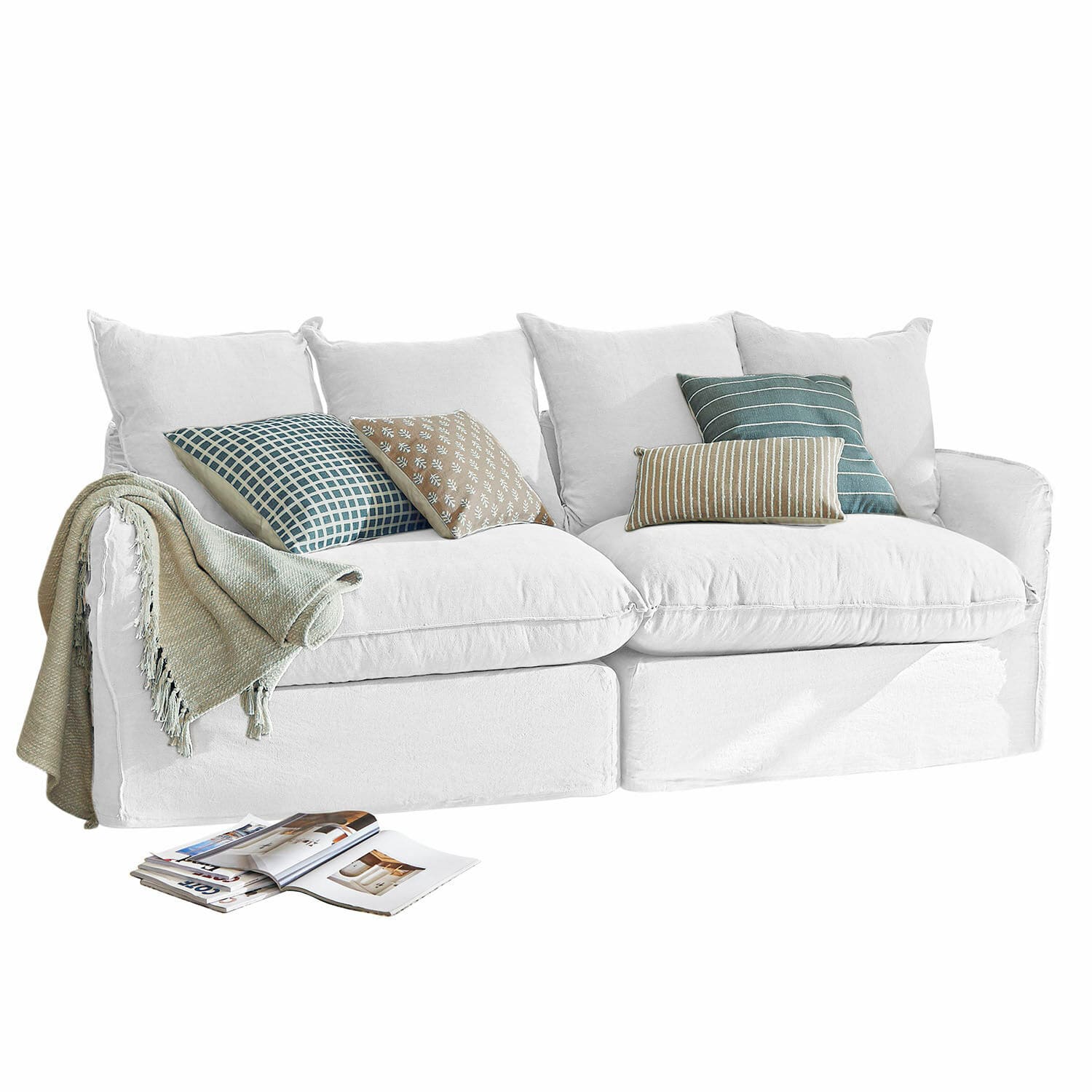 Sofá Dunswater Sofá blanco de tela con cojines verdes y beige con patrones y manta suave, sala moderna