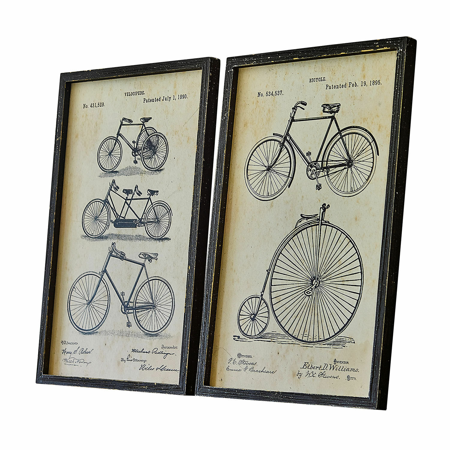 Set de 2 cuadros Golovine Dos marcos negros con dibujos de bicicletas antiguas sobre fondo beige, decoración vintage de pared