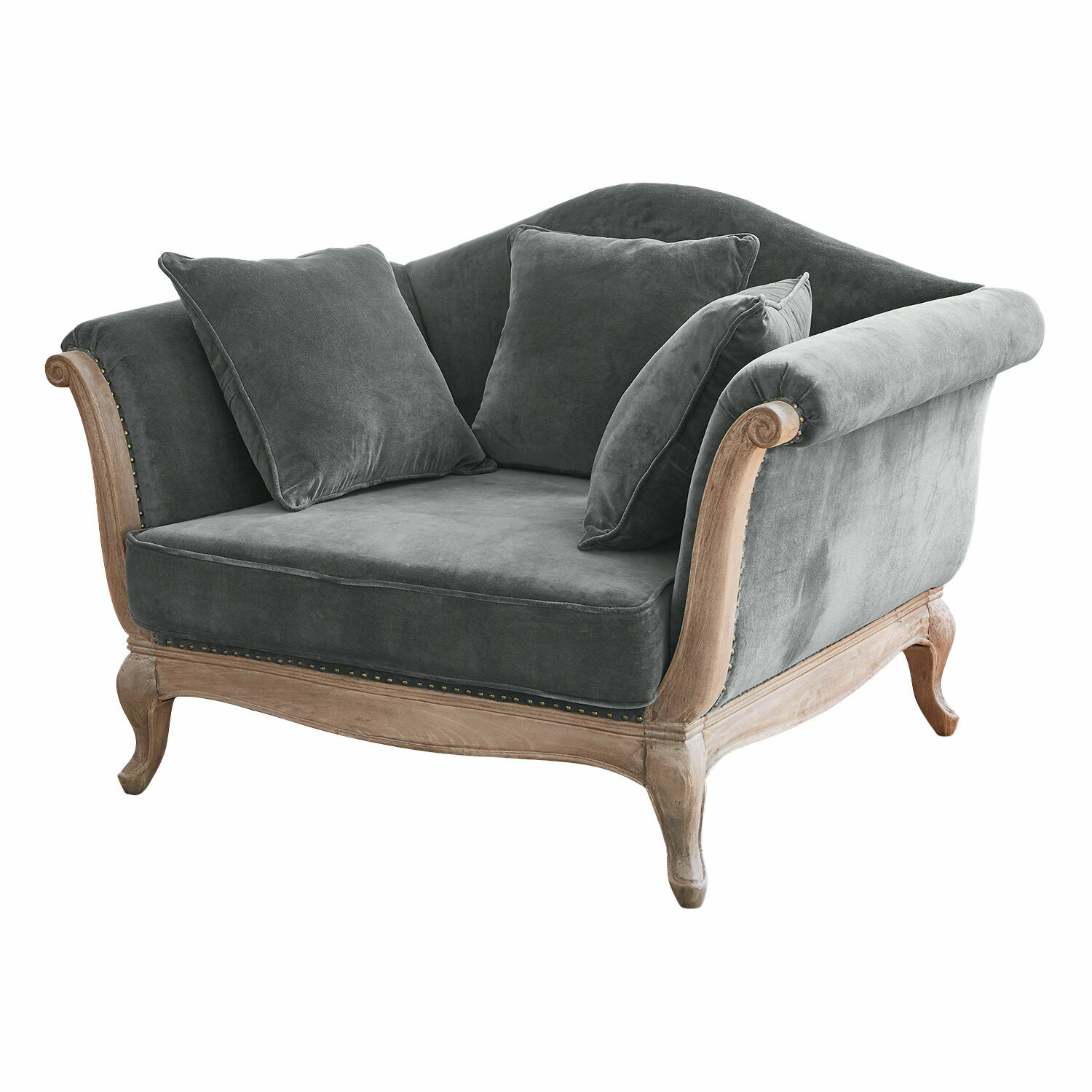Sillón Sumerset Sofá vintage con tapizado de terciopelo gris y estructura de madera natural, cojines cómodos
