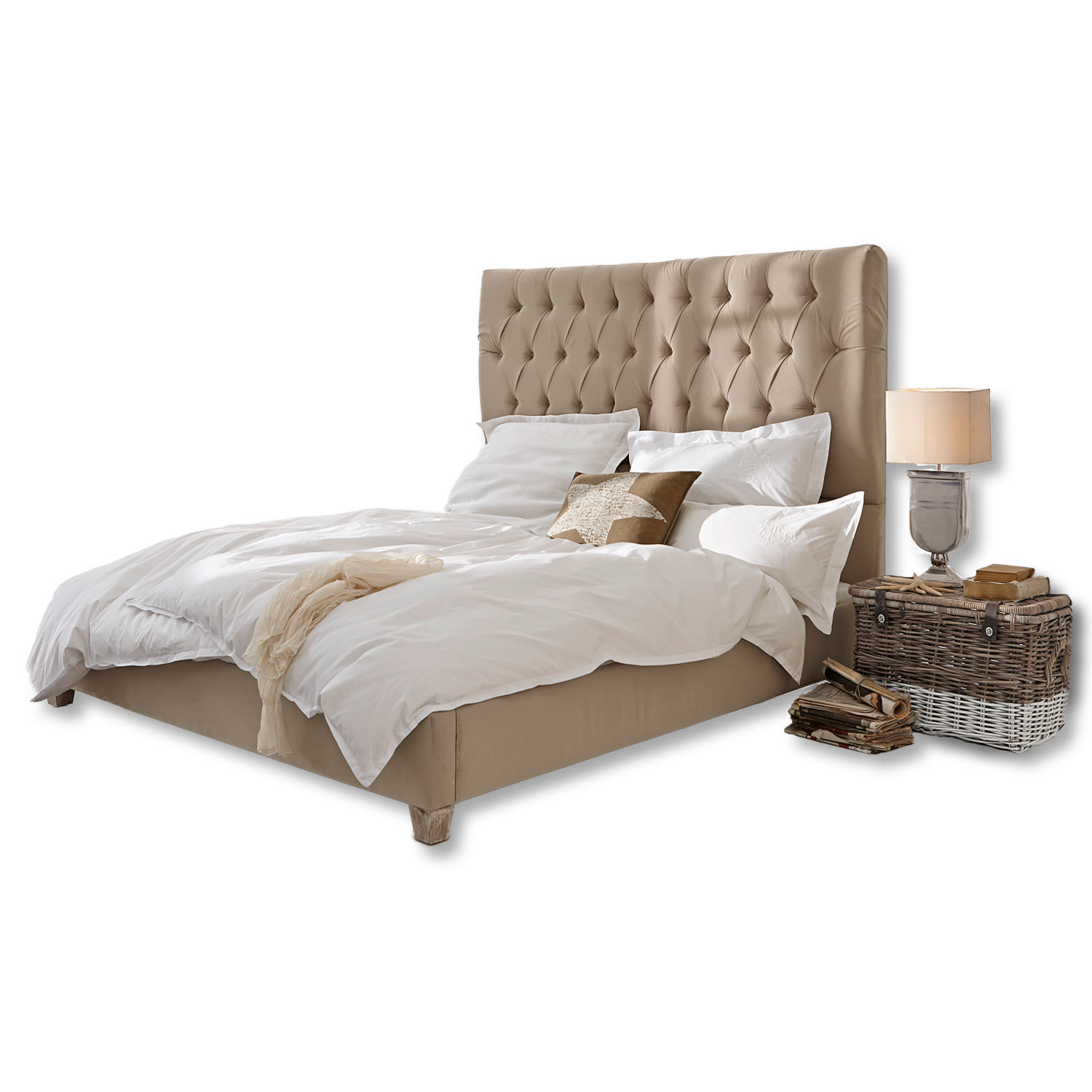 lino Cama Benton con tapizado de lino beige y cabecero capitoné, mueble elegante para dormitorio