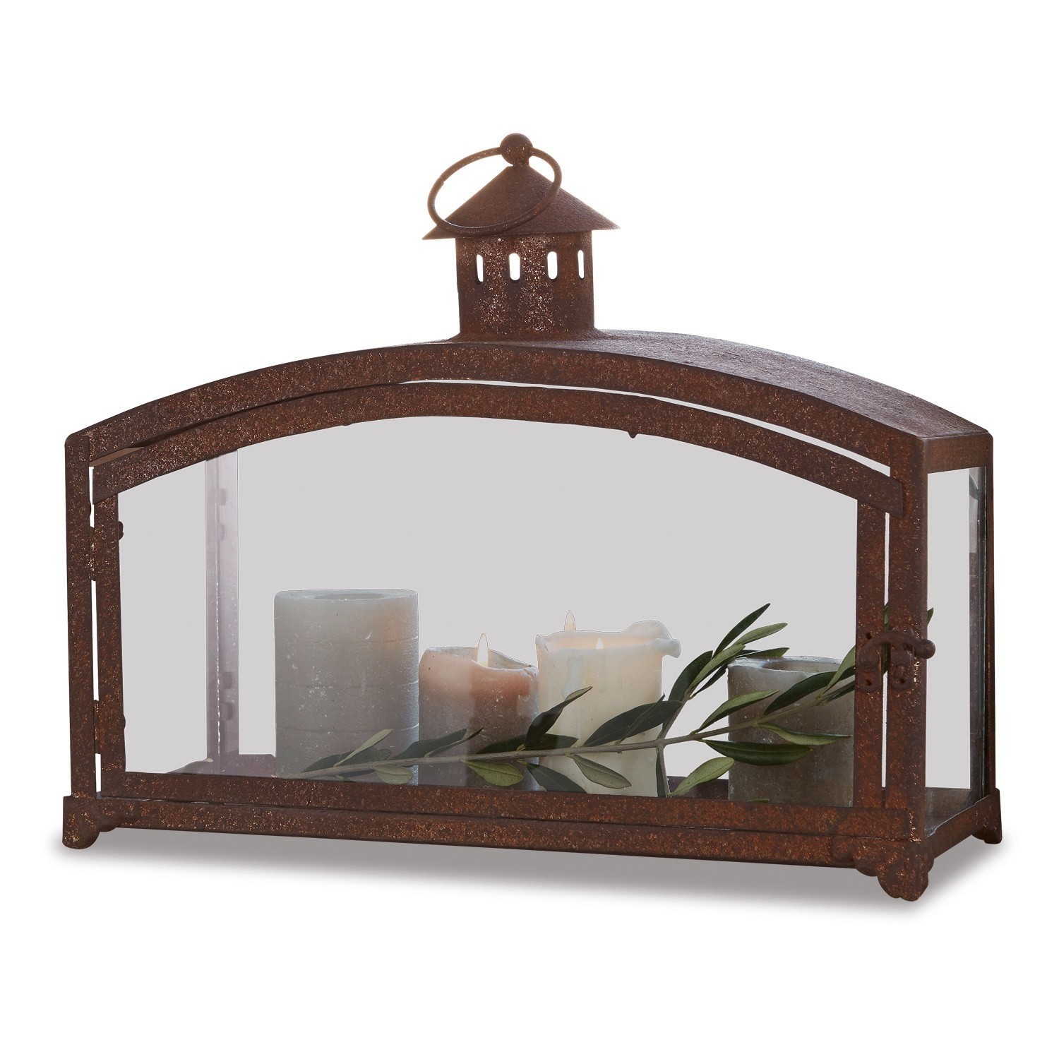 Portavelas Miora Linterna rústica de metal color óxido con cuatro velas y hojas verdes para decoración interior