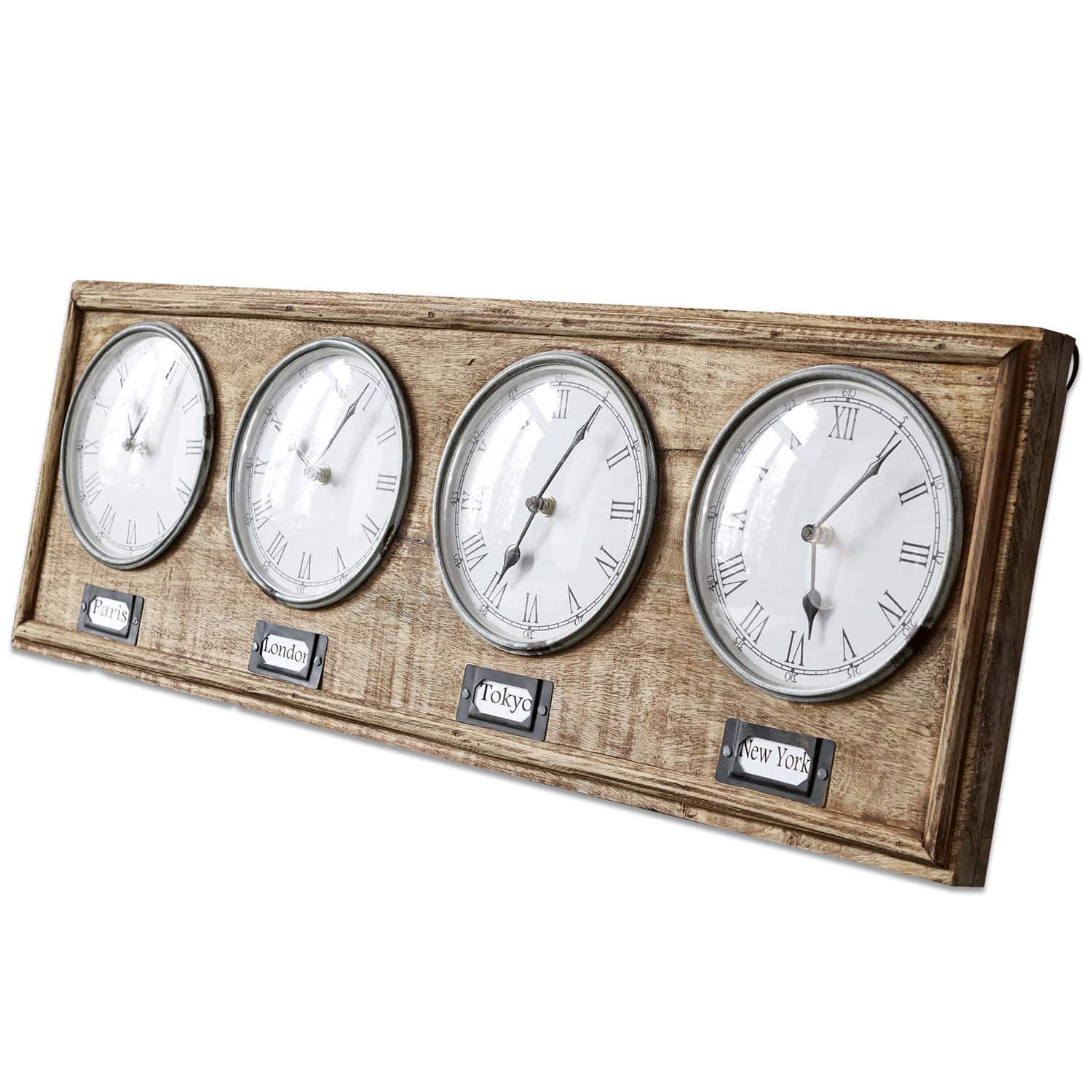 Reloj Posey Reloj de pared de madera con cuatro esferas blancas y nombres de ciudades, números romanos