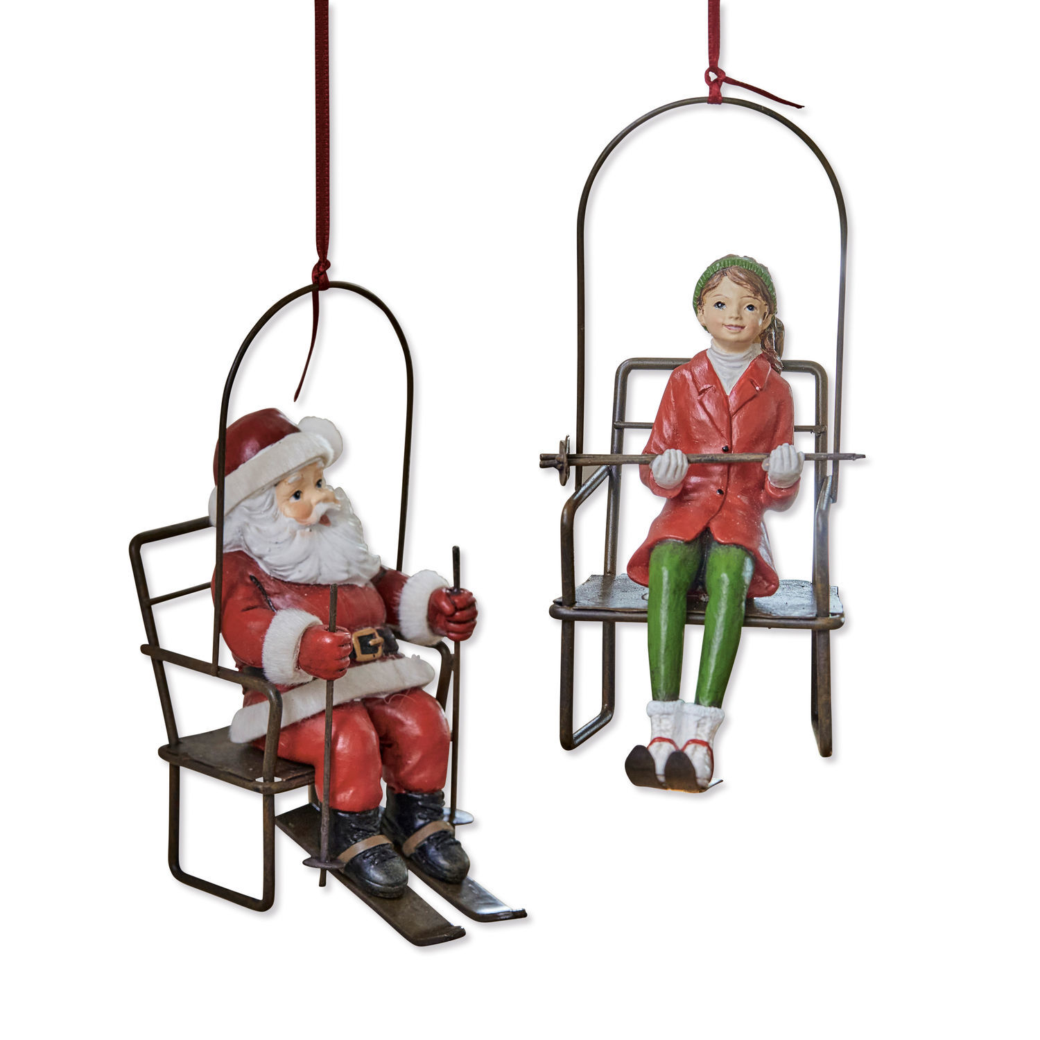 Set de 2 colgantes Ponta Adornos colgantes de metal con figuras de Papá Noel y niña en ropa roja esquiando